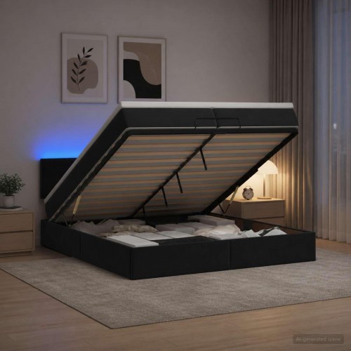 Ottoman seng med madras og LED 200 x 200 cm i sort velour
