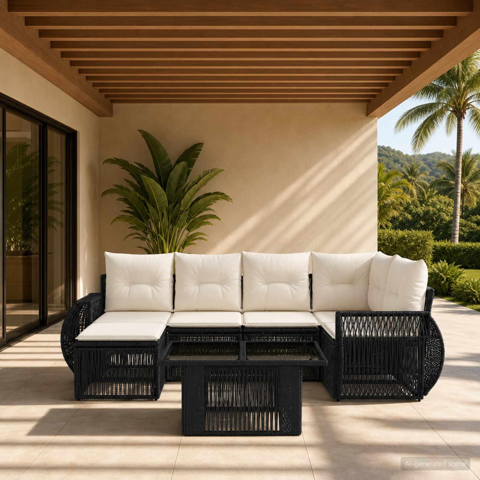 Havesofa sæt 7 stk. i polyrattan med bord - sort og cremehvid