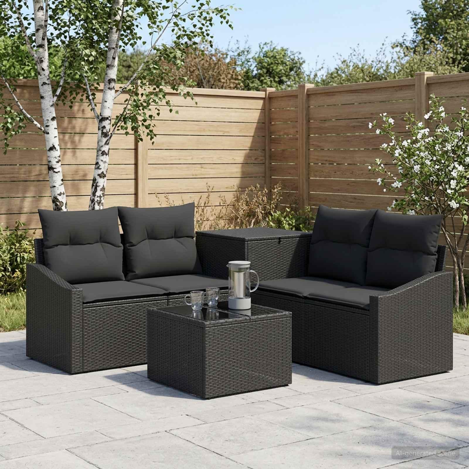 Sofa sæt 6 stk. i sort poly rattan og stål