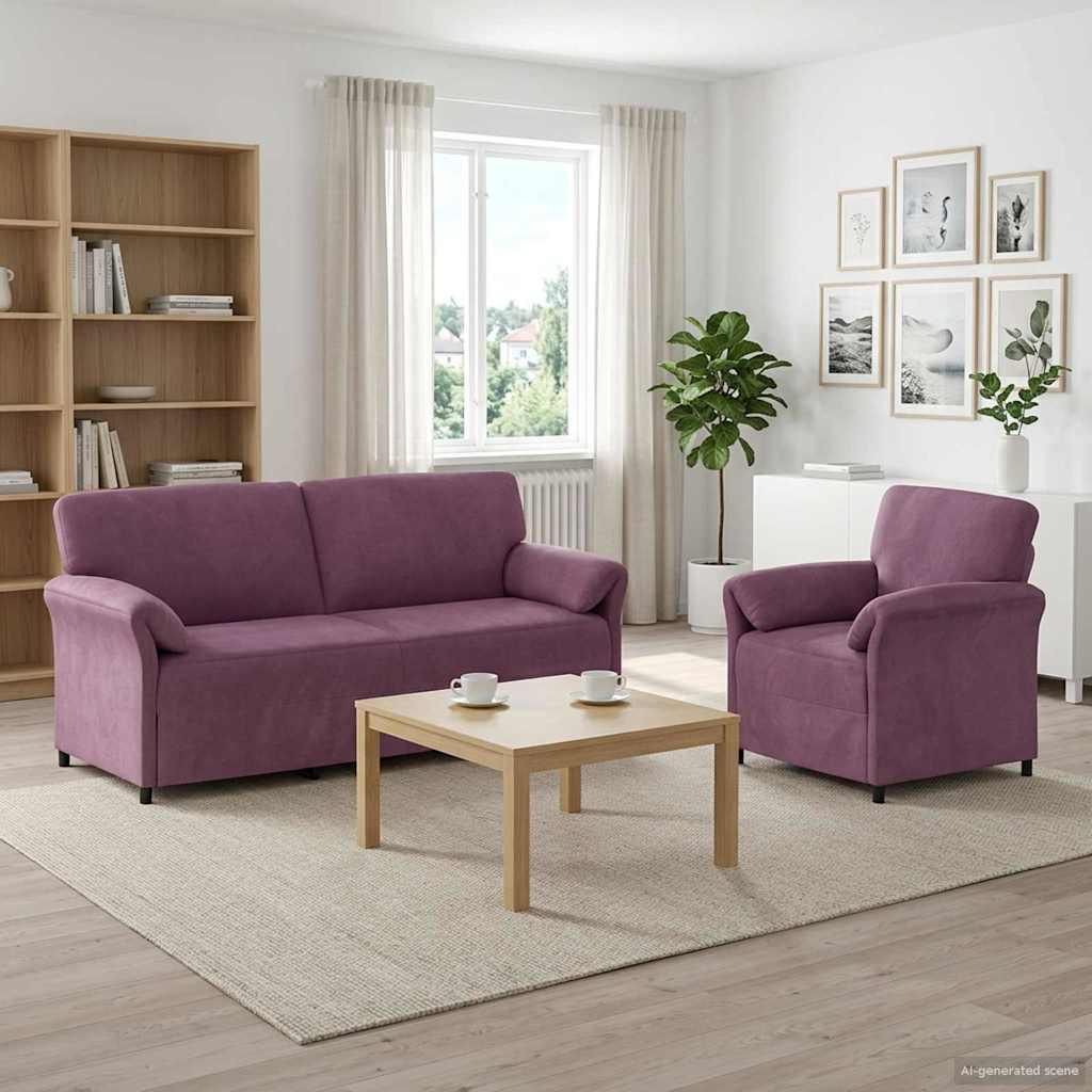 Sofasæt 2 stk. i lilla fløjl med 2- og 1-personers sofa