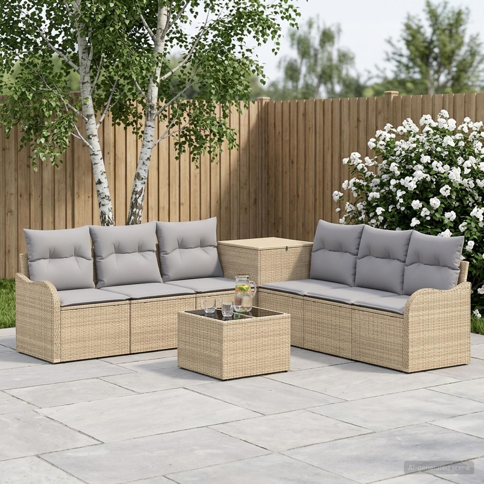 Sofa sæt 8 stk. til have beige og lys grå i poly rattan og stål