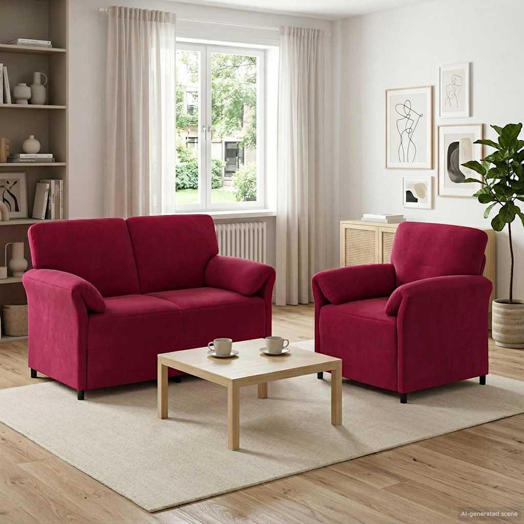 Sofasæt 2 dele i vinrød fløjl med 2- og 1-personers sofa