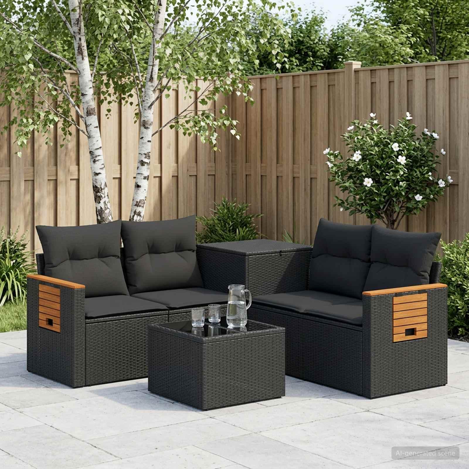 Sofa sæt 6 stk. i sort poly rattan og stål til have og terrasse