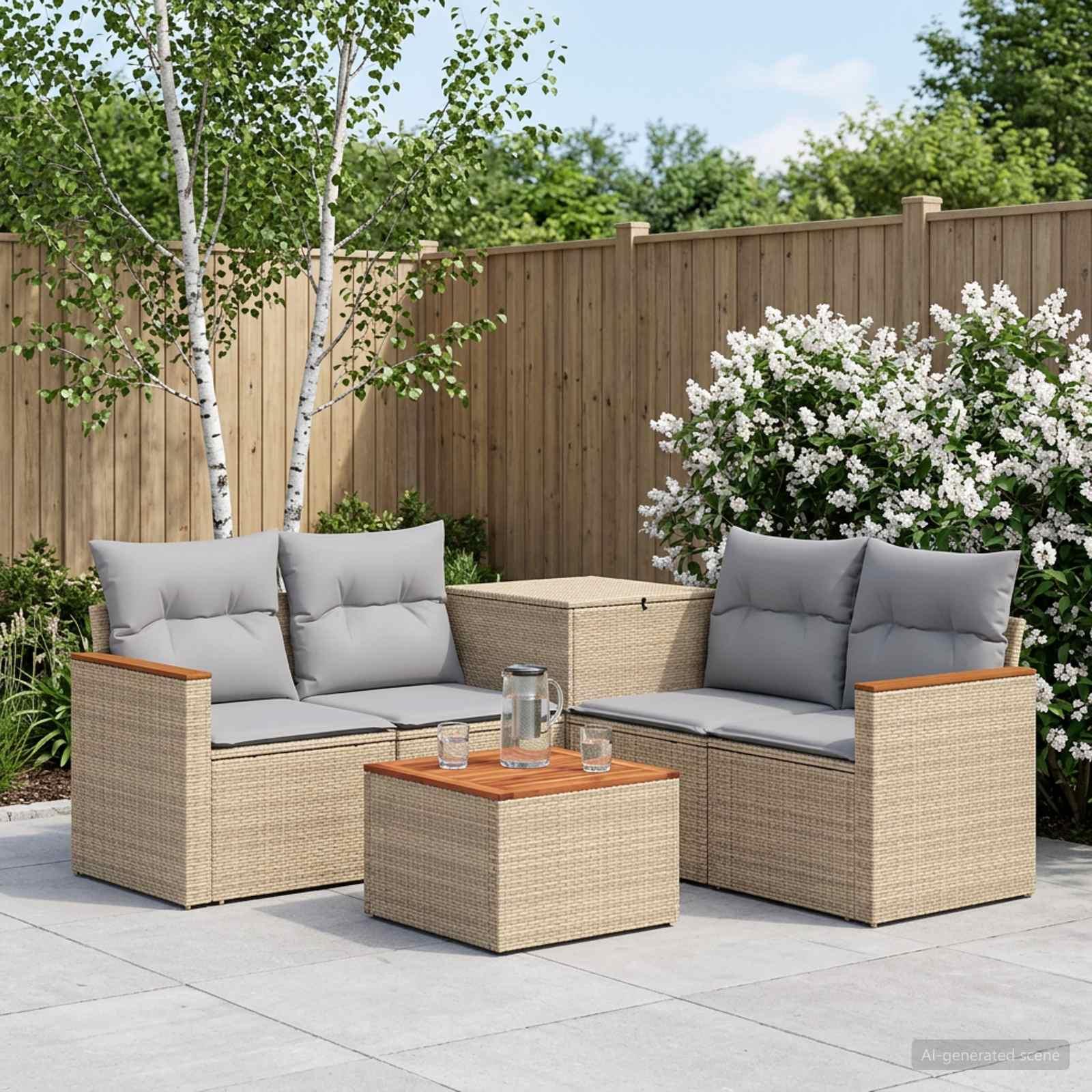 Sofa sæt 6 stk. i poly rattan og stål - beige og lys grå