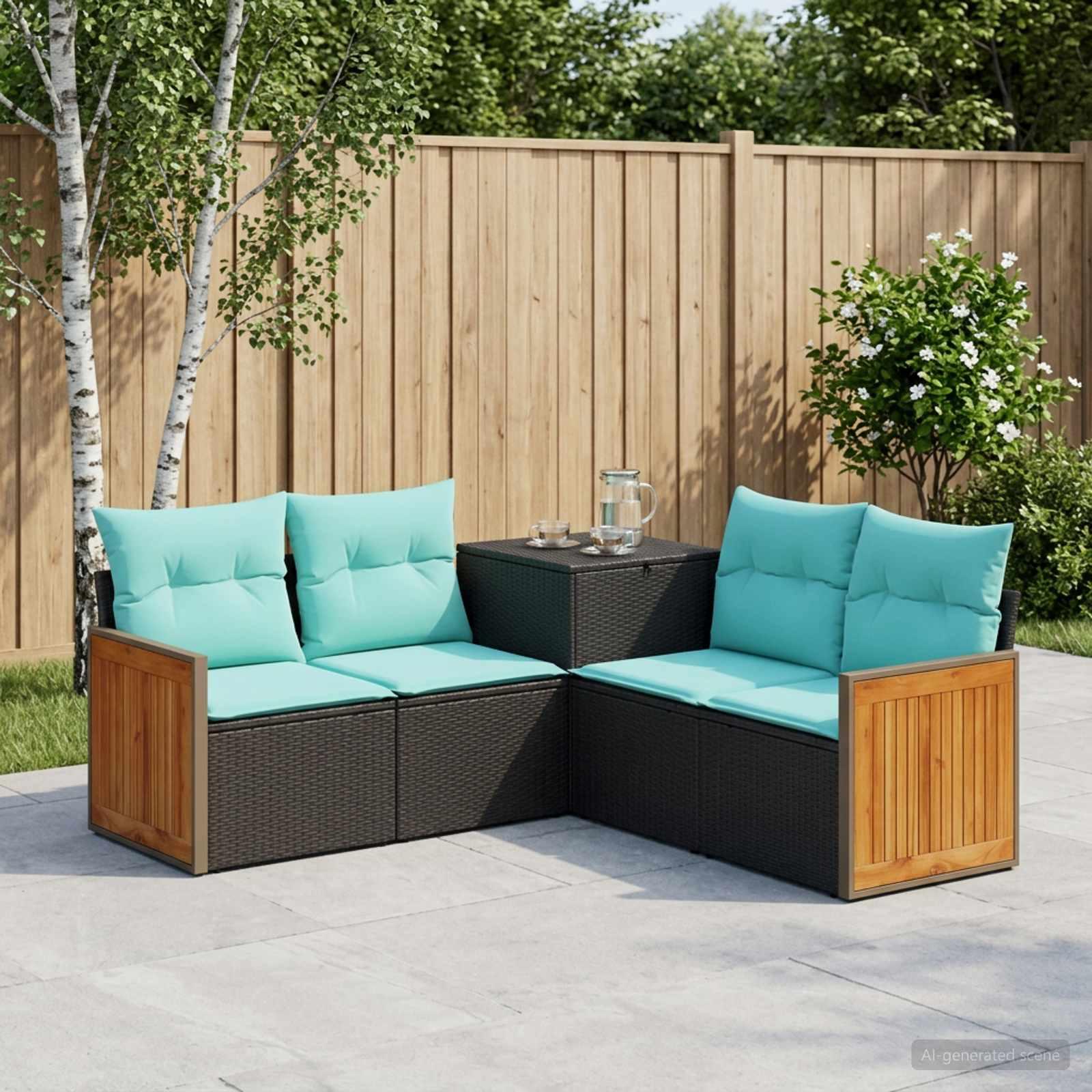 Sofa sæt 5 stk. til have og terrasse i sort og blå poly rattan og stål