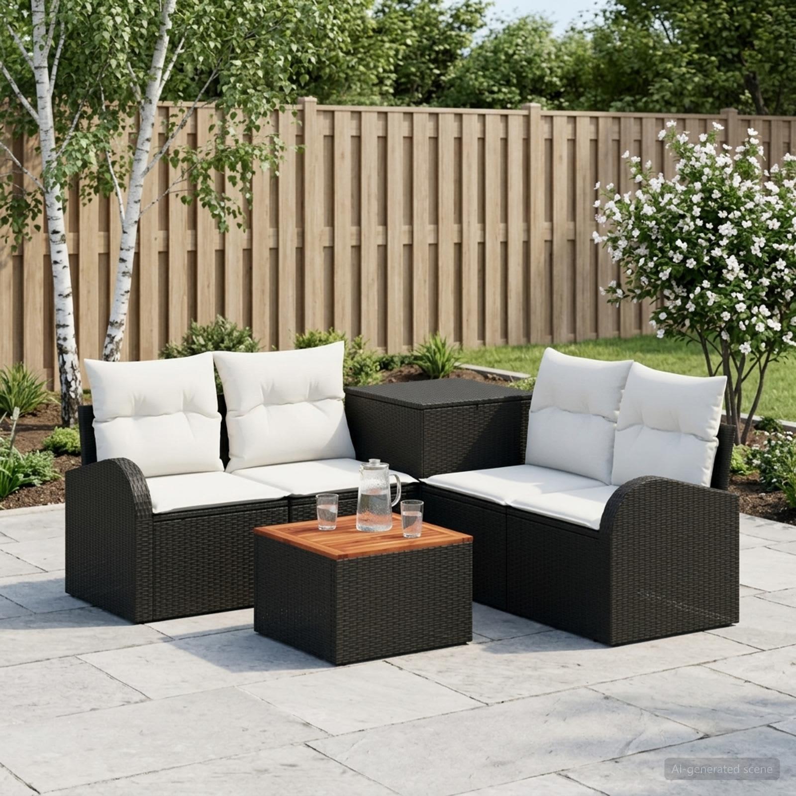 Sofa sæt 6 stk. til have og terrasse i sort og cremehvid poly rattan