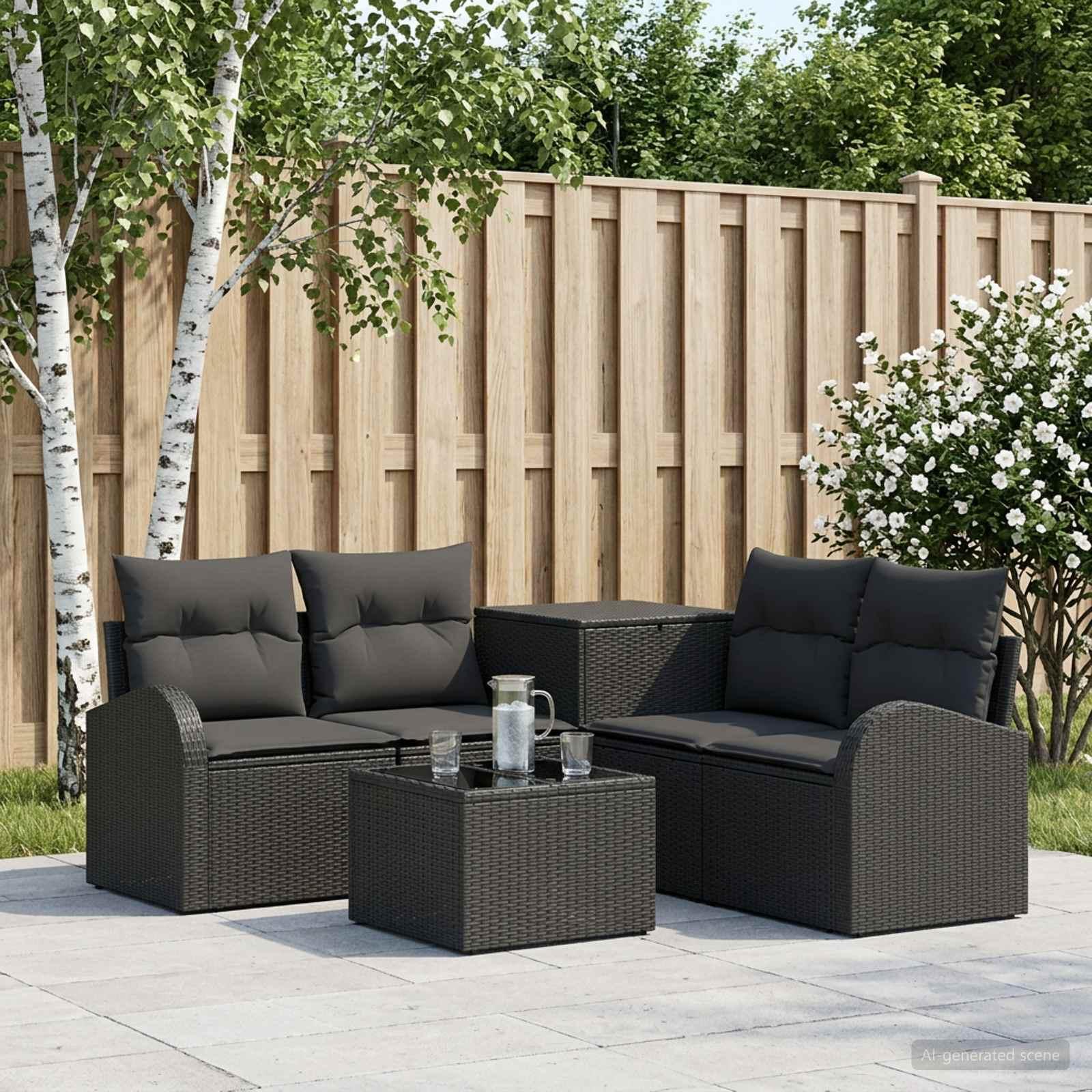 Sofa sæt 6 stk. i sort poly rattan og stål til have og terrasse