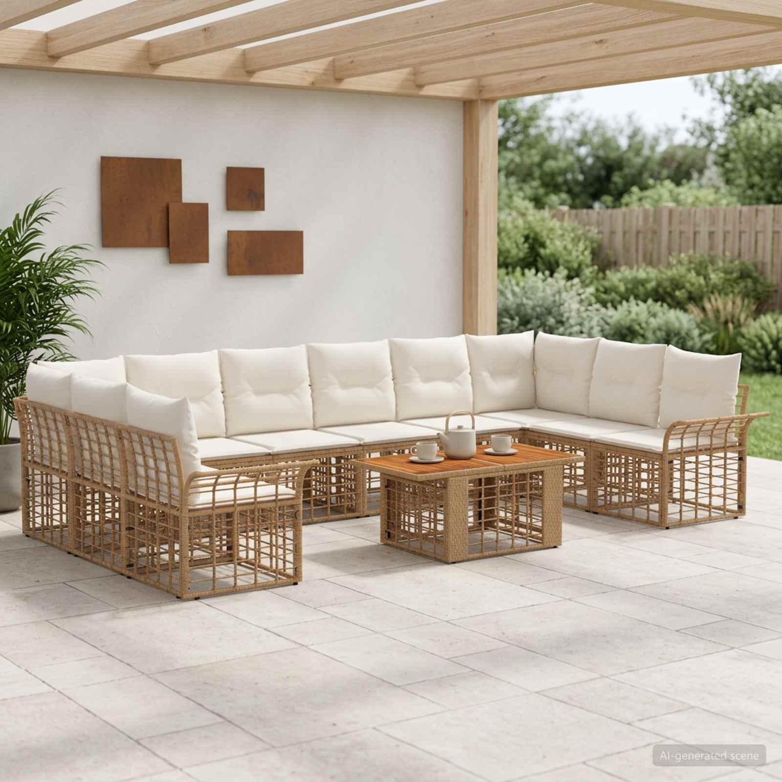 Havesofa sæt 11 stk. i naturlig polyrattan med cremehvide puder
