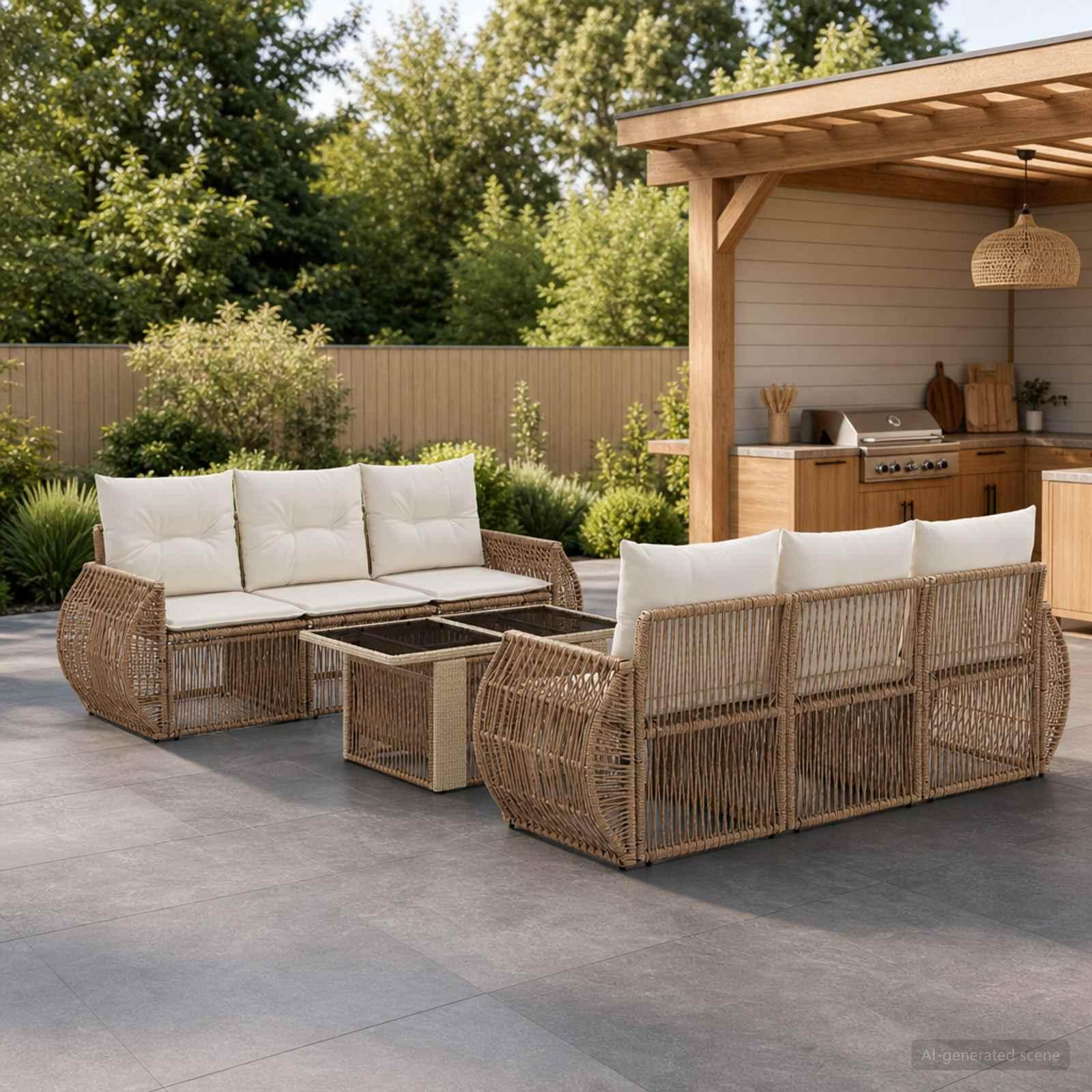 Havesofa sæt 7 stk. beige og cremehvid polyrattan