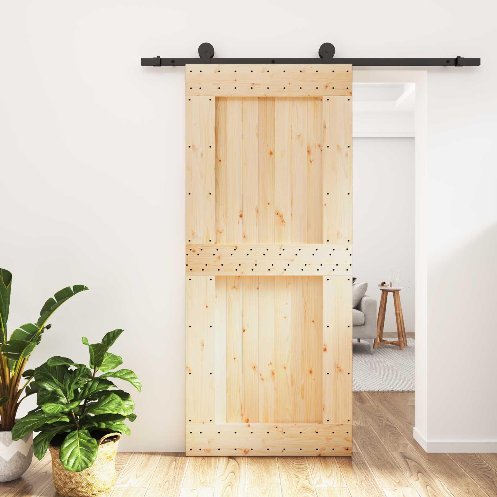 Skydedør naturfarvet og sort 90 x 210 cm i massivt fyrretræ