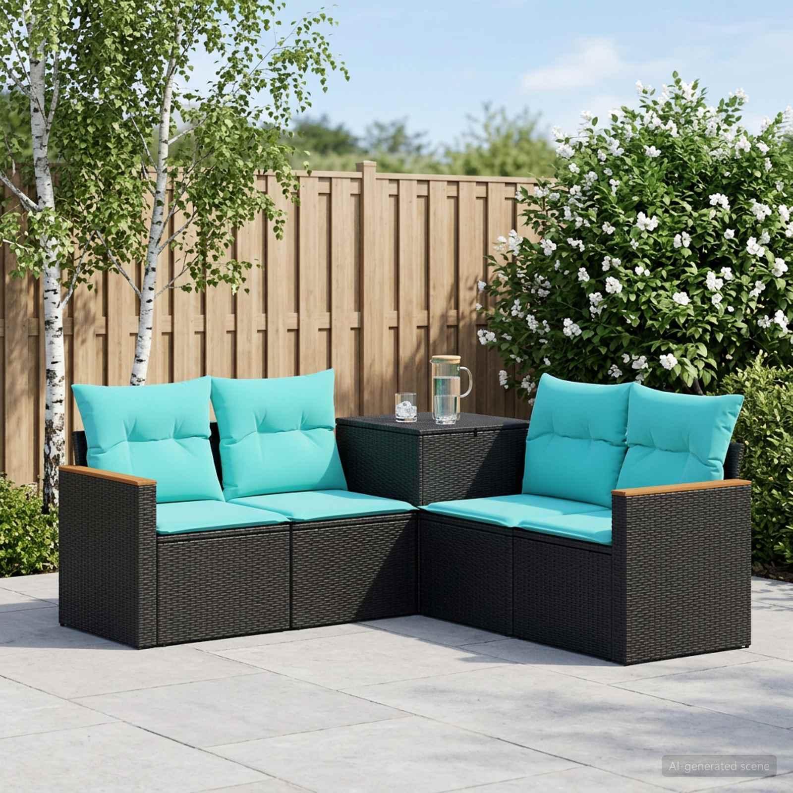 Sofa sæt 5 stk. til have og terrasse i sort og blå poly rattan og stål