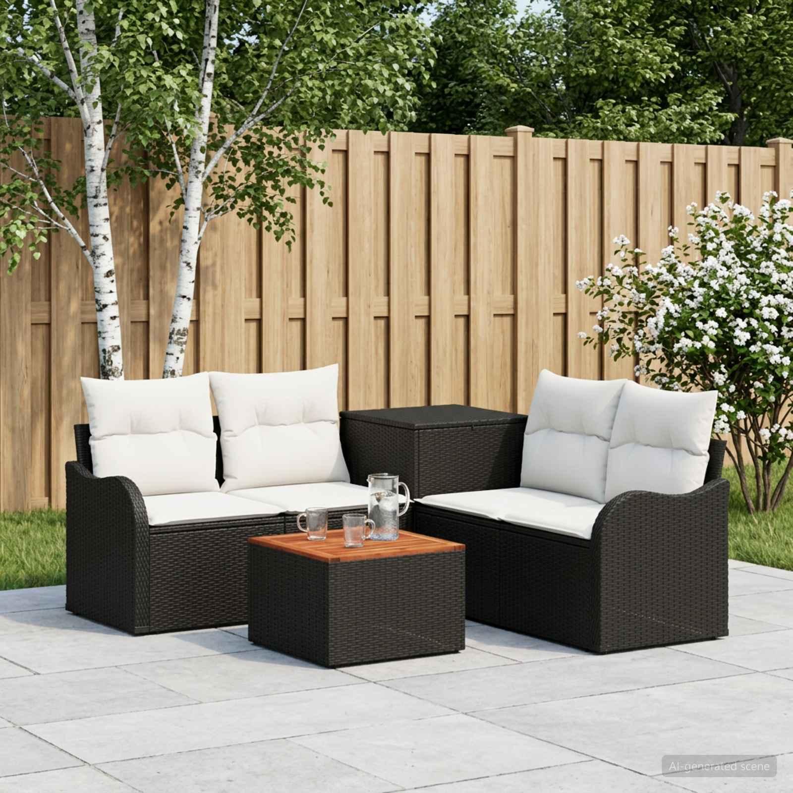 Sofa sæt 6 stk. til have og terrasse i sort og cremehvid poly rattan og stål