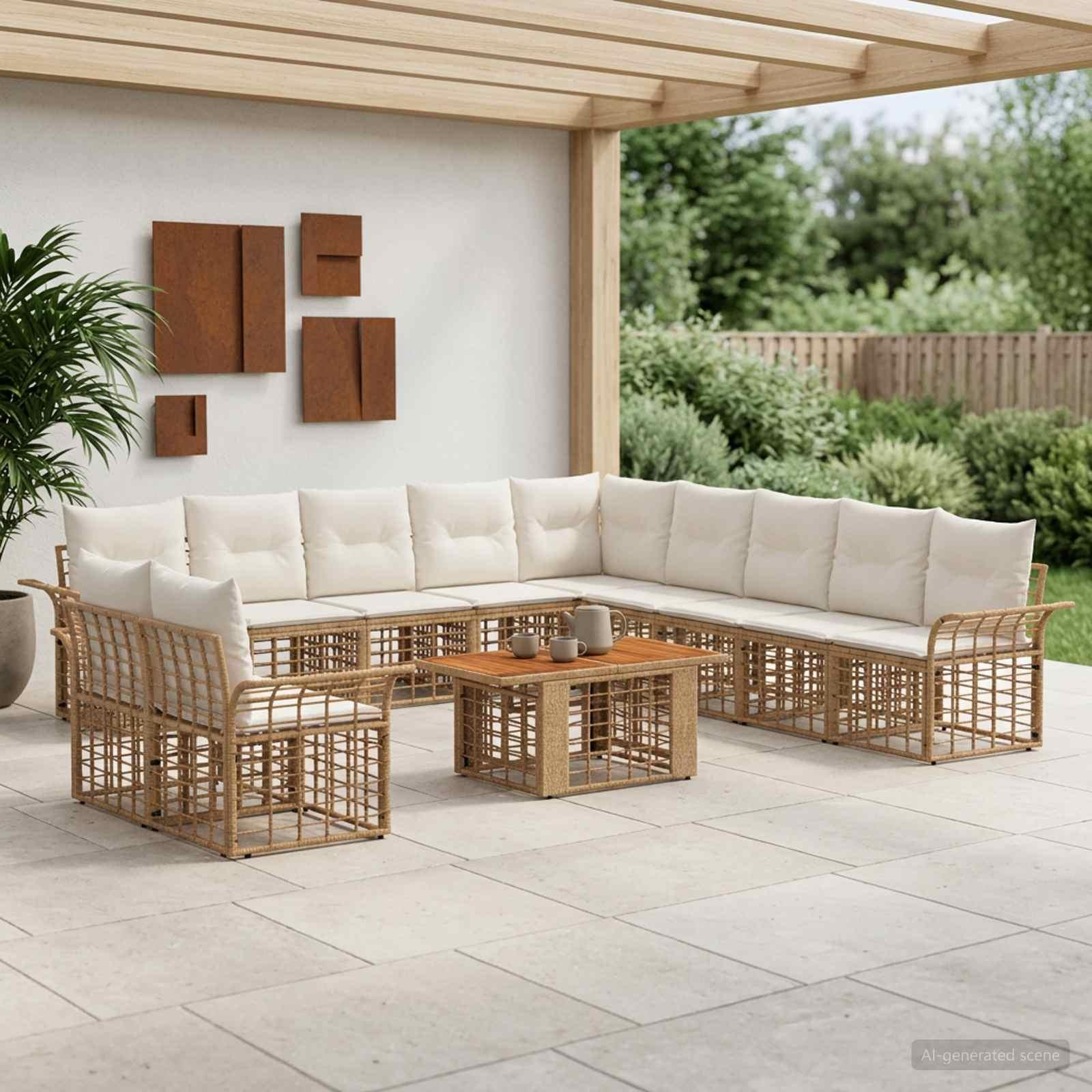 Havesofa sæt 12 stk. i polyrattan - naturlig og creme hvid