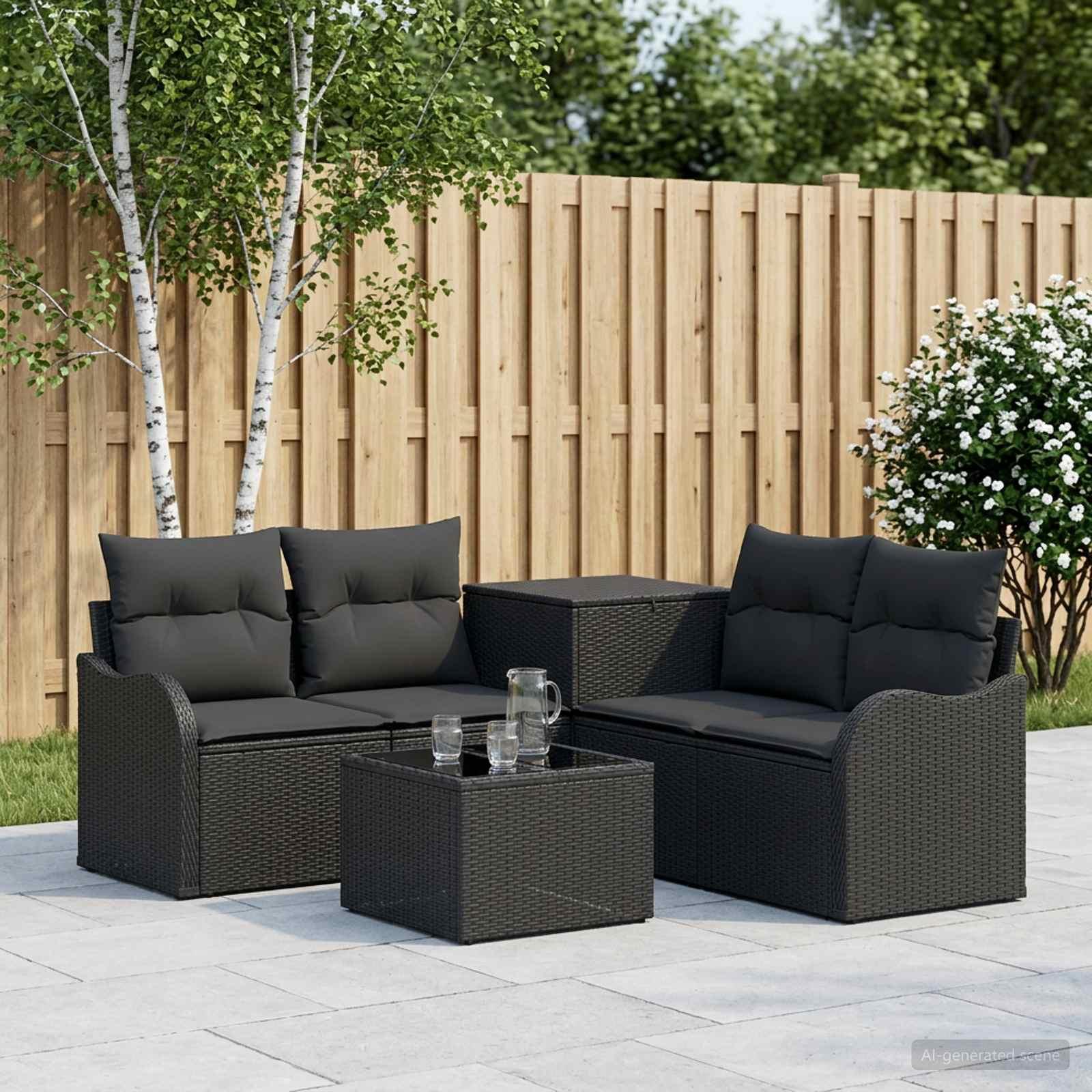 Sofa sæt 6 stk. i sort poly rattan og stål til have og terrasse