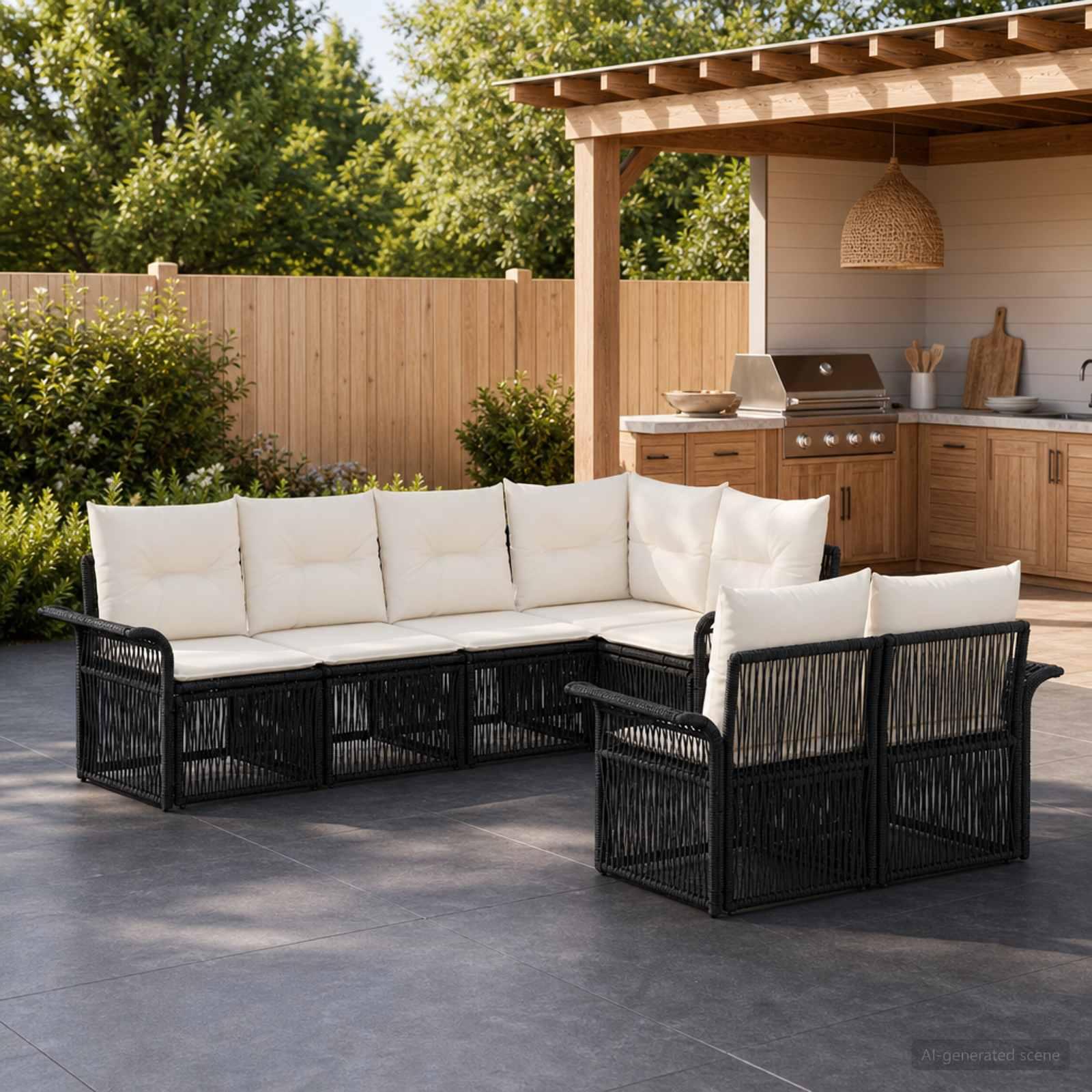 Havesofa sæt 7 dele med 7 siddepladser i sort polyrattan