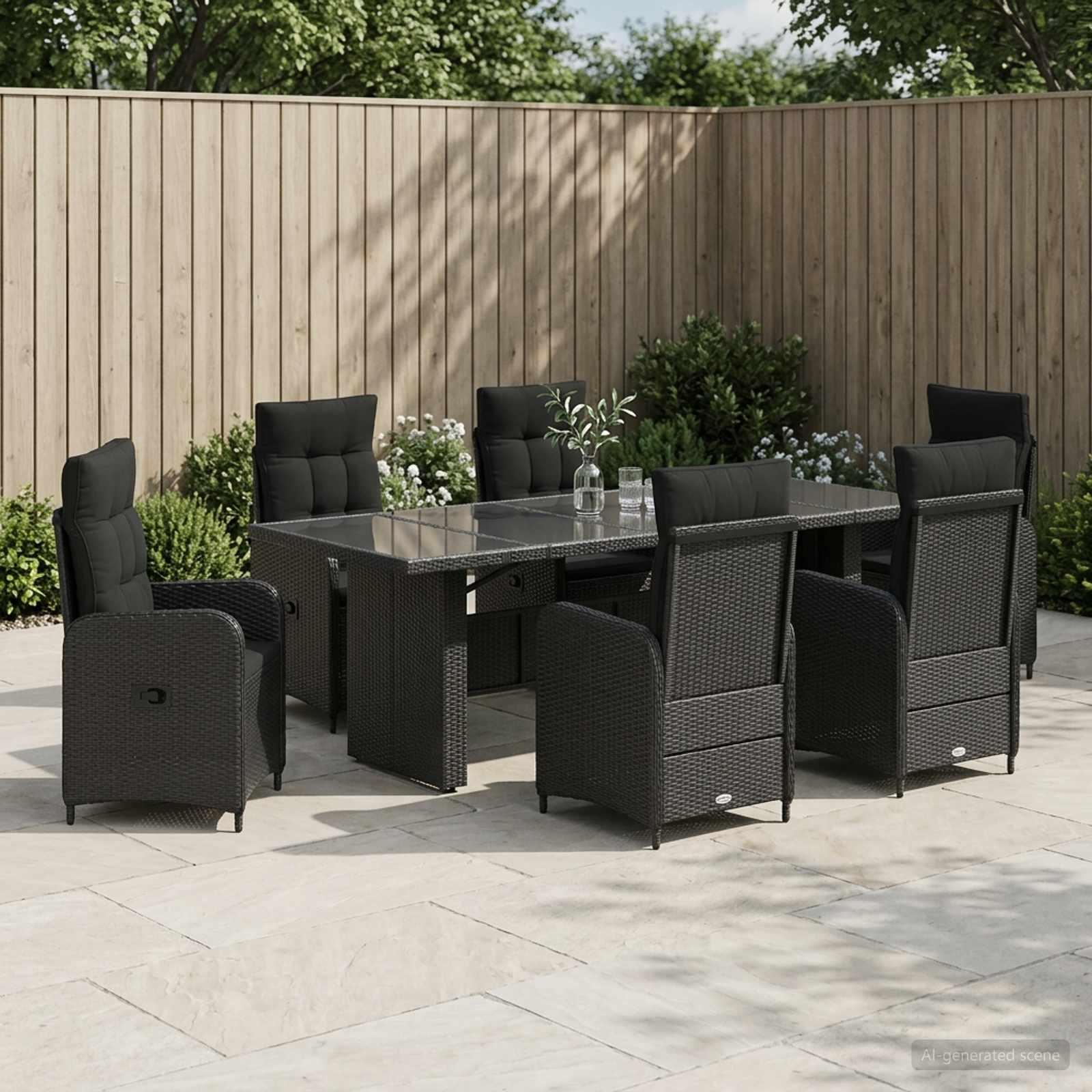 Udendørs spisebordssæt 7 dele i sort polyrattan med justerbare stole