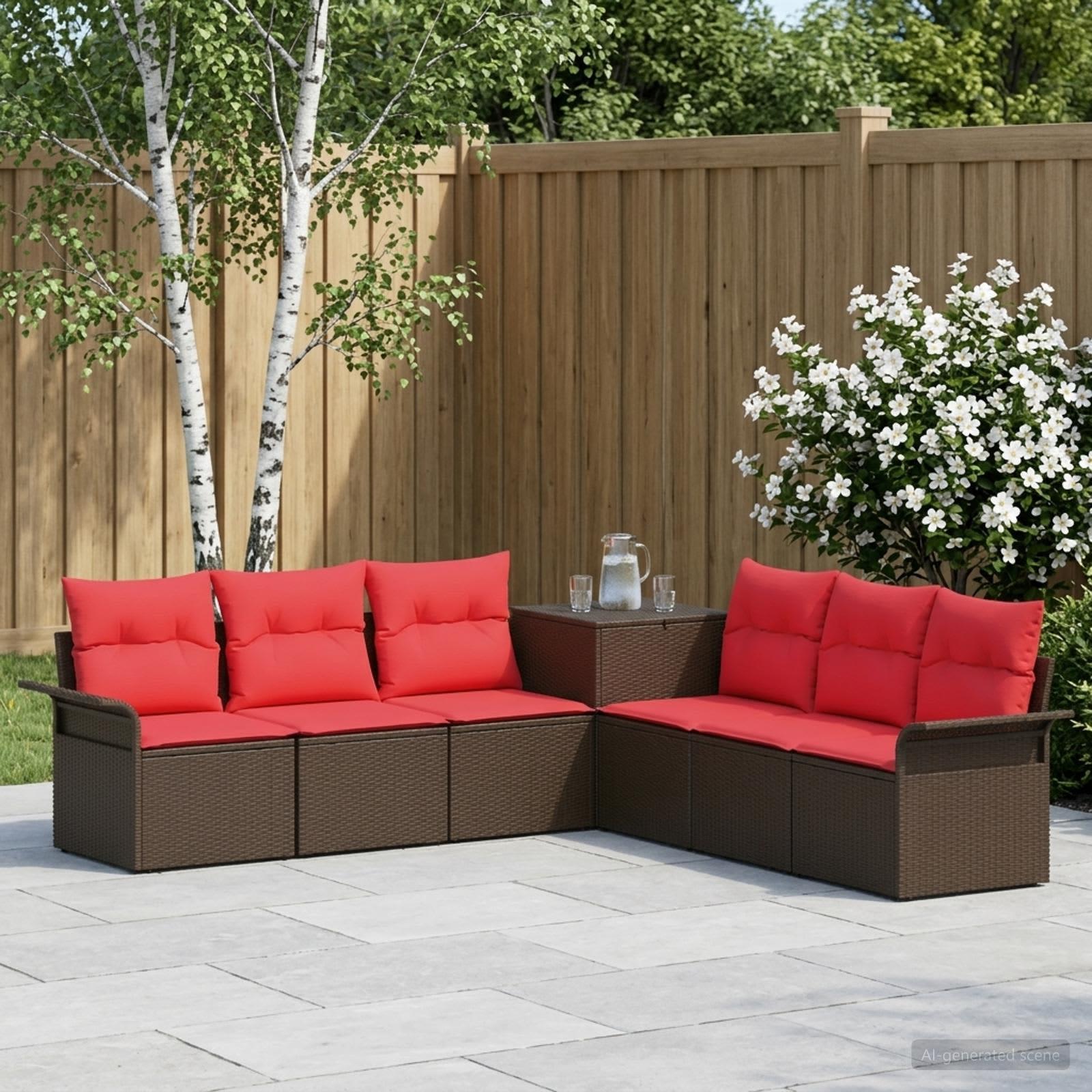 Sofa sæt 7 stk. i brun og rød poly rattan og stål til have og terrasse