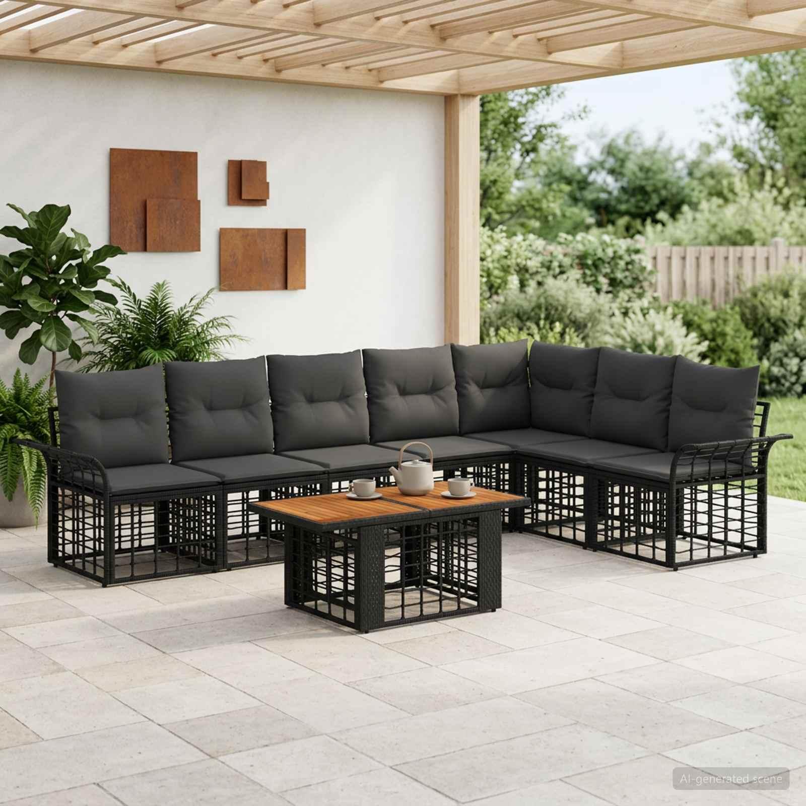 Havesofa sæt 8 stk. i polyrattan med bord - sort og mørkegrå