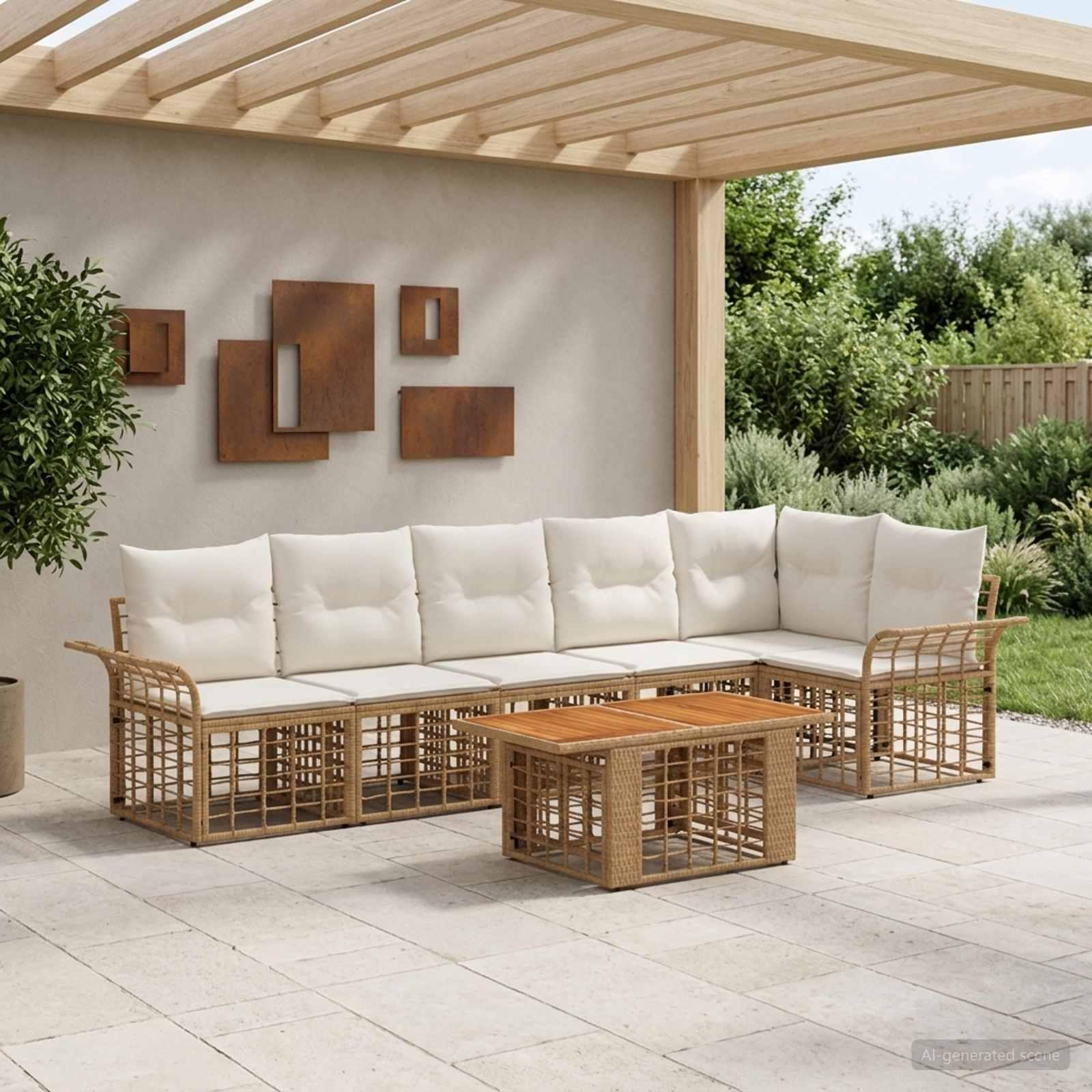 Havesofa sæt 7 dele i polyrattan - naturlig og cremehvid