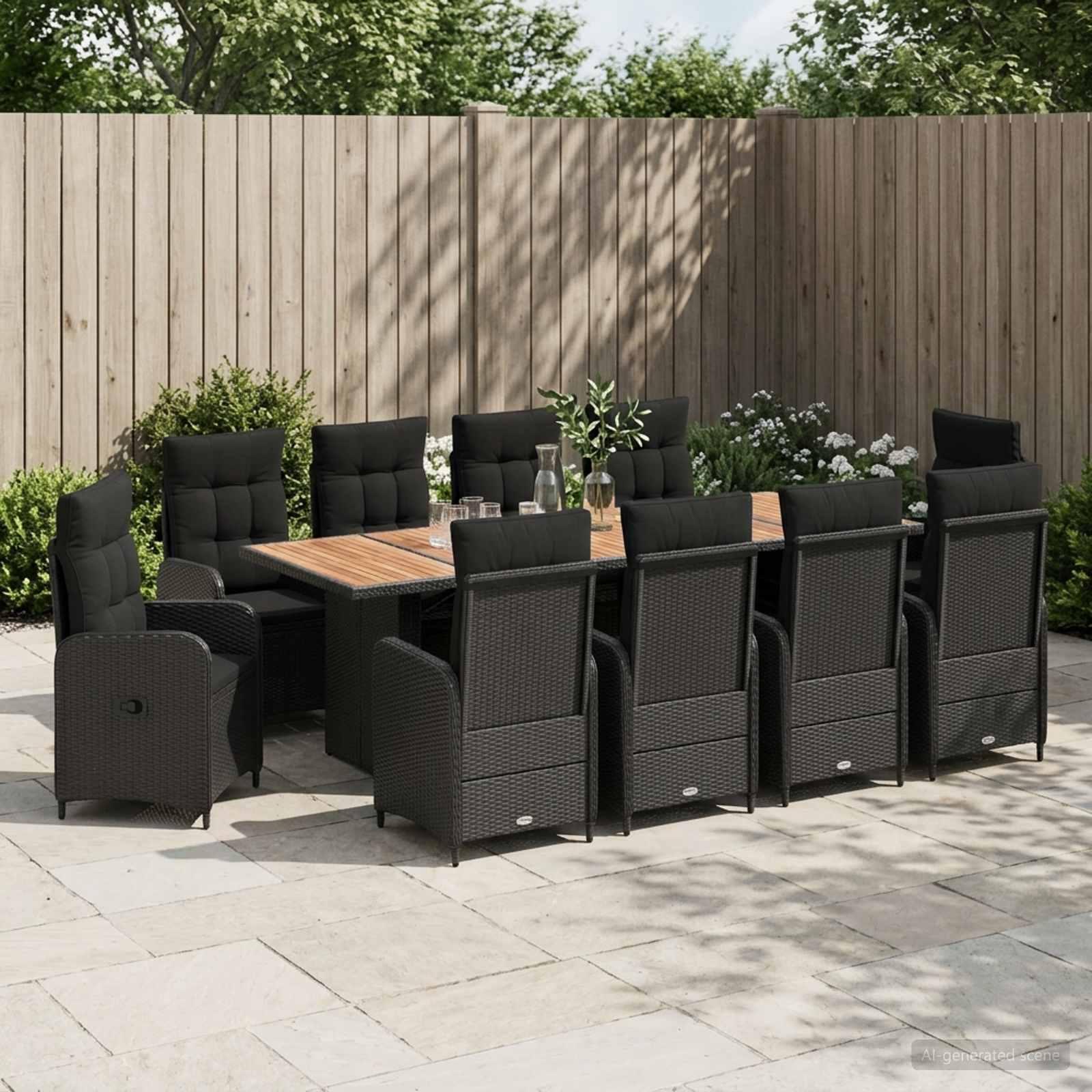 Udendørs spisebordssæt 11 dele i sort polyrattan med akaciebord