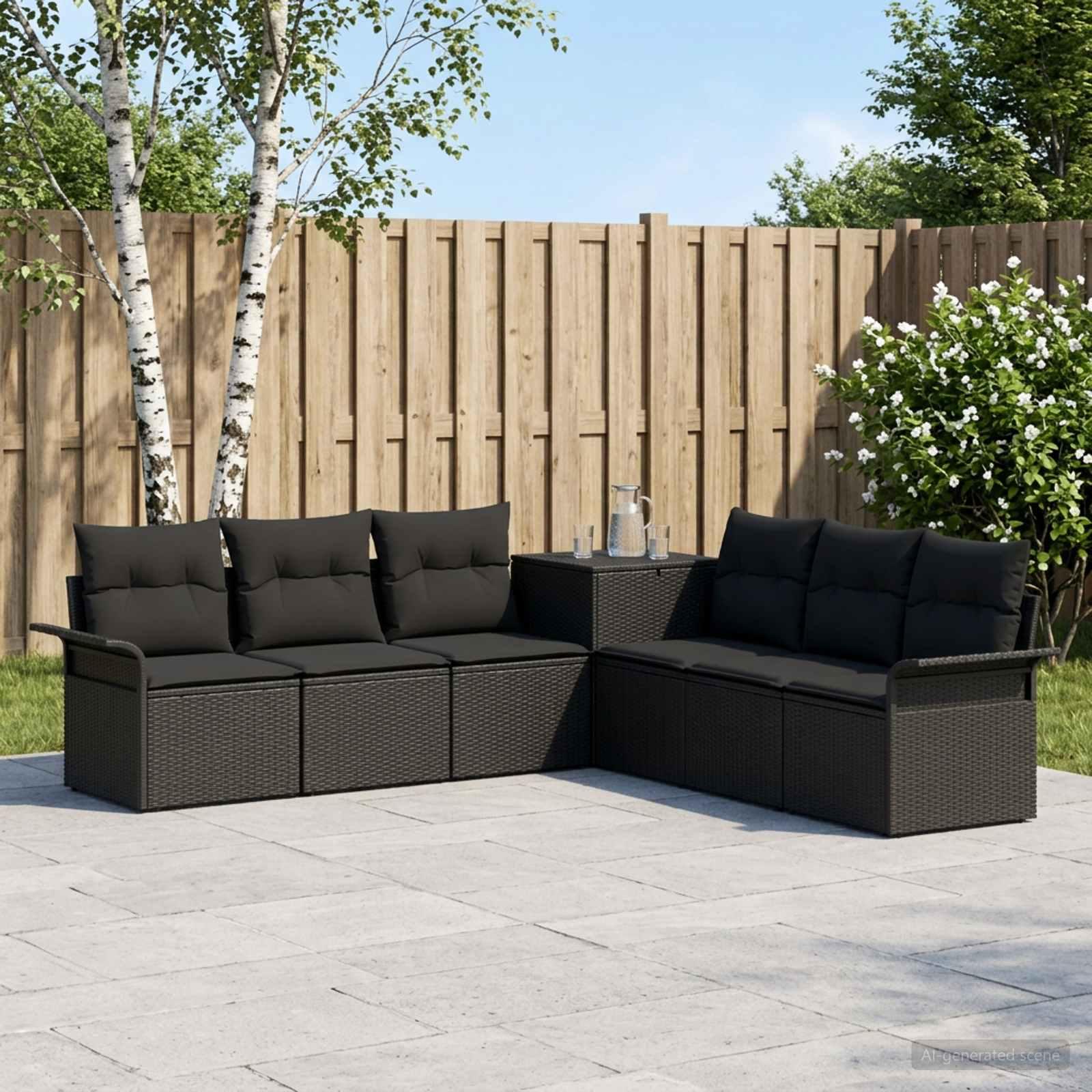 Sofa sæt 7 stk. i sort poly rattan og stål til have og terrasse