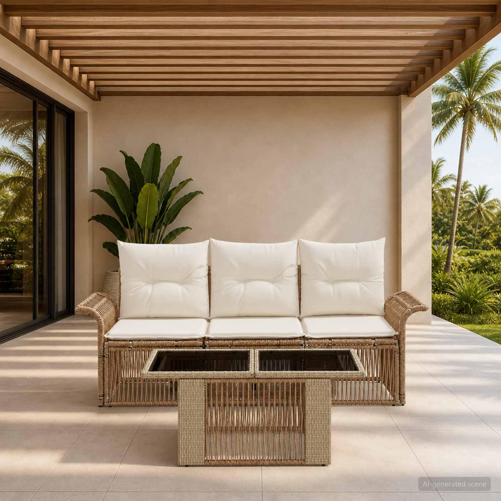 Havesofa sæt 4 stk. i polyrattan - beige og cremehvid