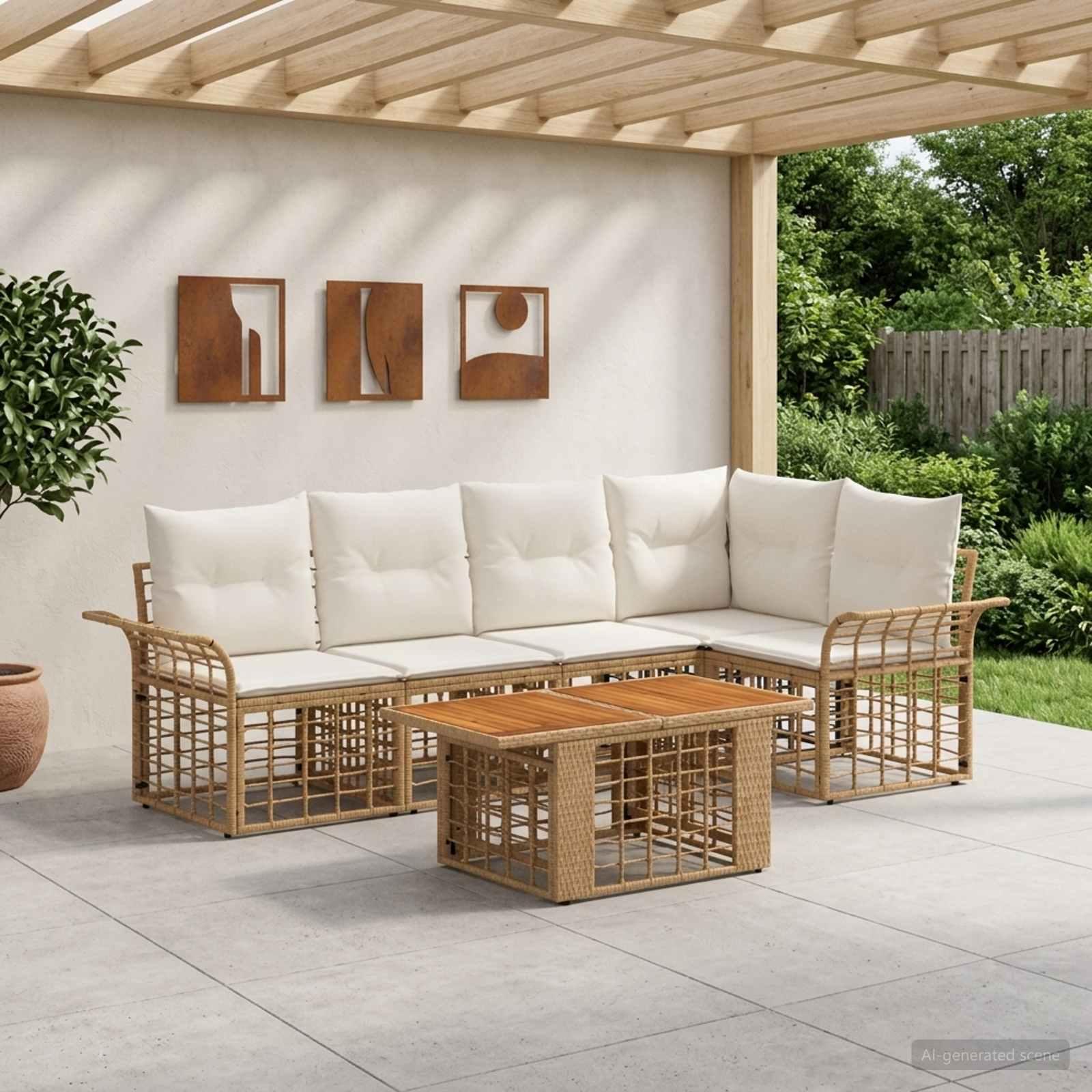 Havesofa sæt 6 dele i polyrattan - naturlig og cremehvid