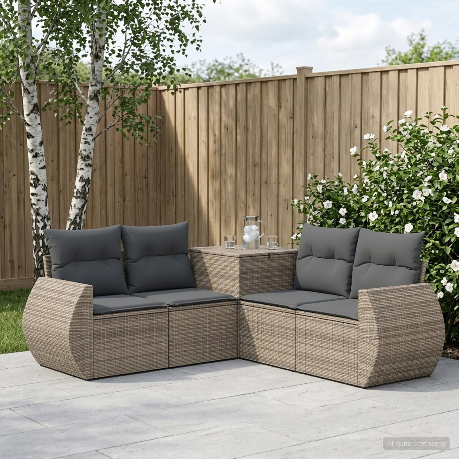 Sofa sæt 5 stk. til have og terrasse i grå og mørkegrå poly rattan og stål