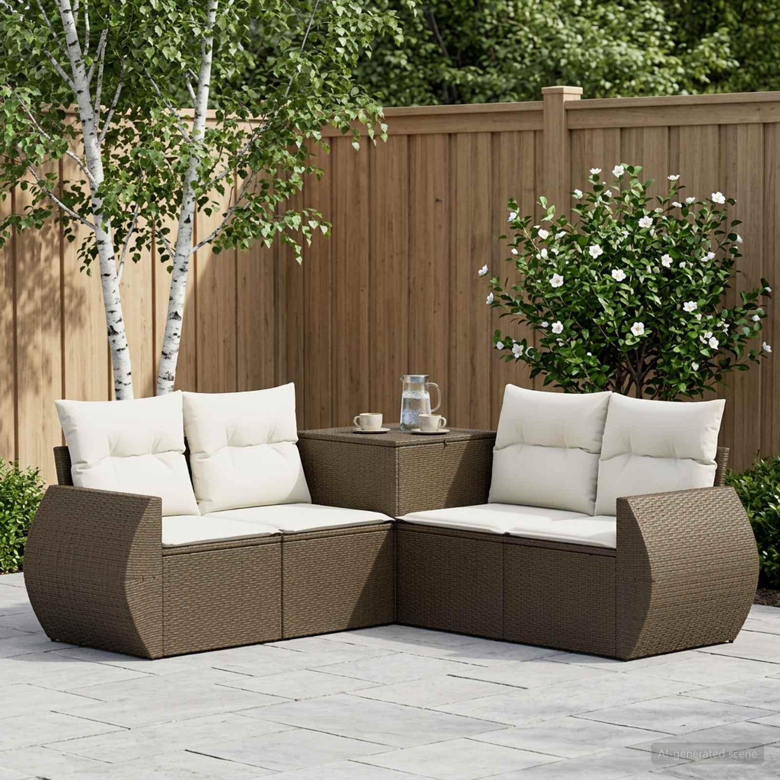 Sofa sæt 5 stk. til have og terrasse i brun og creme hvid poly rattan og stål