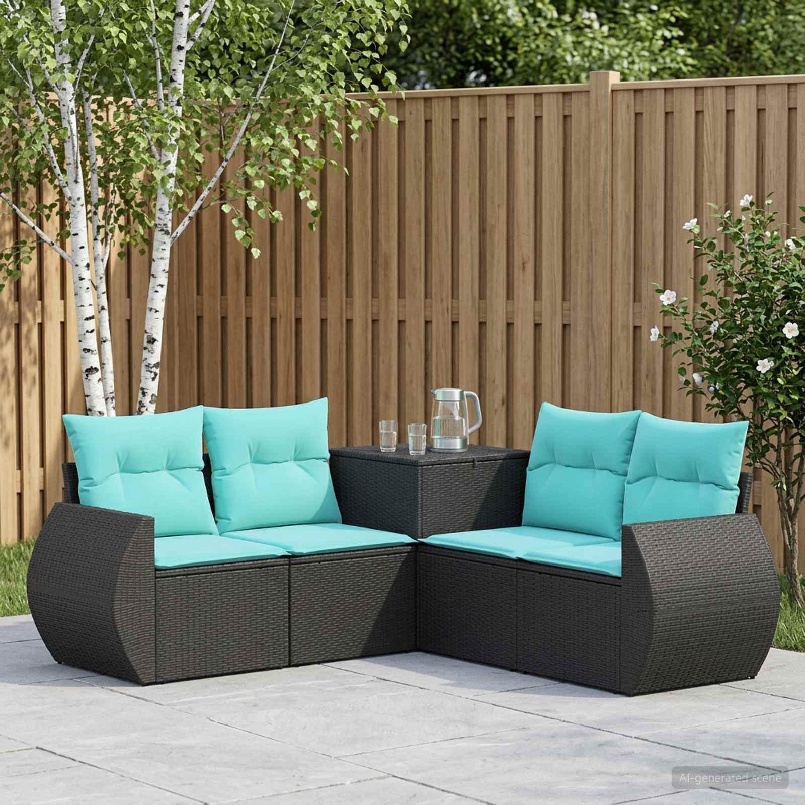 Sofa sæt 5 stk. til have og terrasse i sort og blå poly rattan og stål