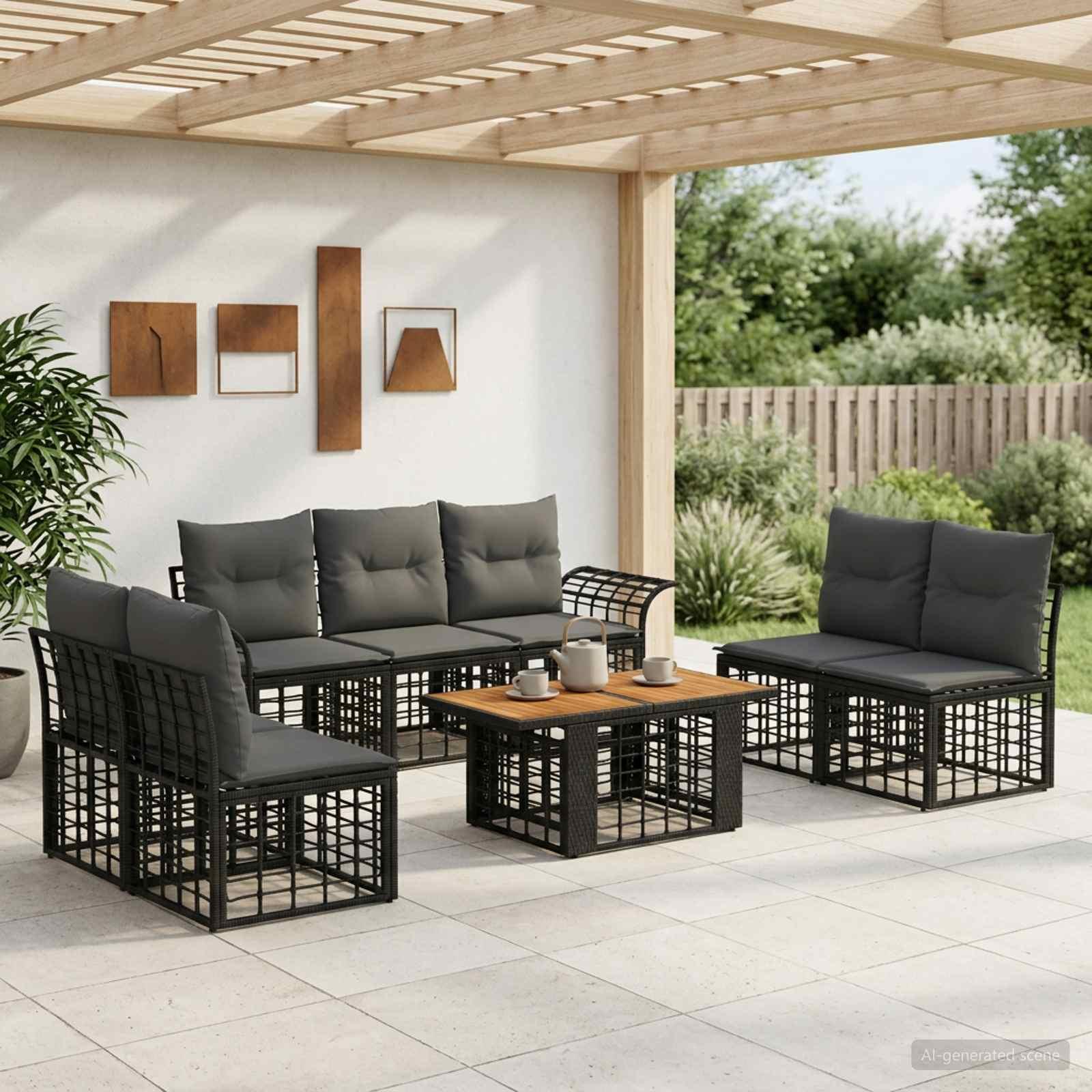 Havesofa sæt 8 dele i polyrattan med bord - sort og mørkegrå