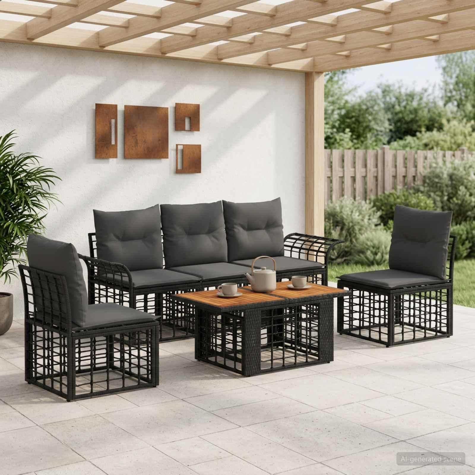 Havesofa sæt 6 dele i sort og mørkegrå polyrattan