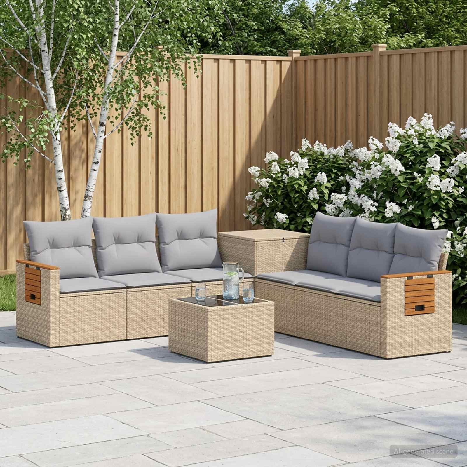 Sofa sæt 8 stk. til have og terrasse i beige og lys grå poly rattan