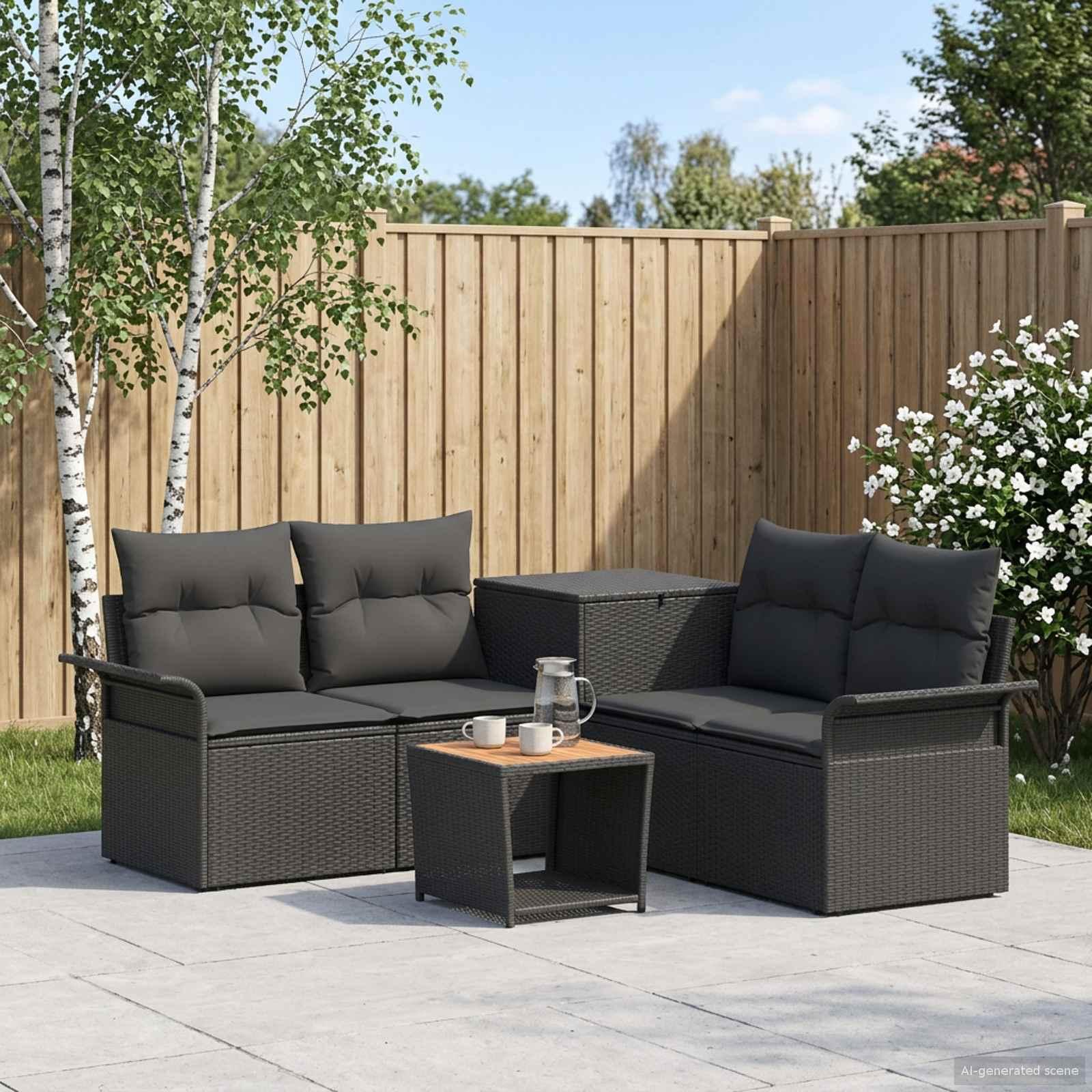 Sofa sæt 6 stk. i sort poly rattan og stål