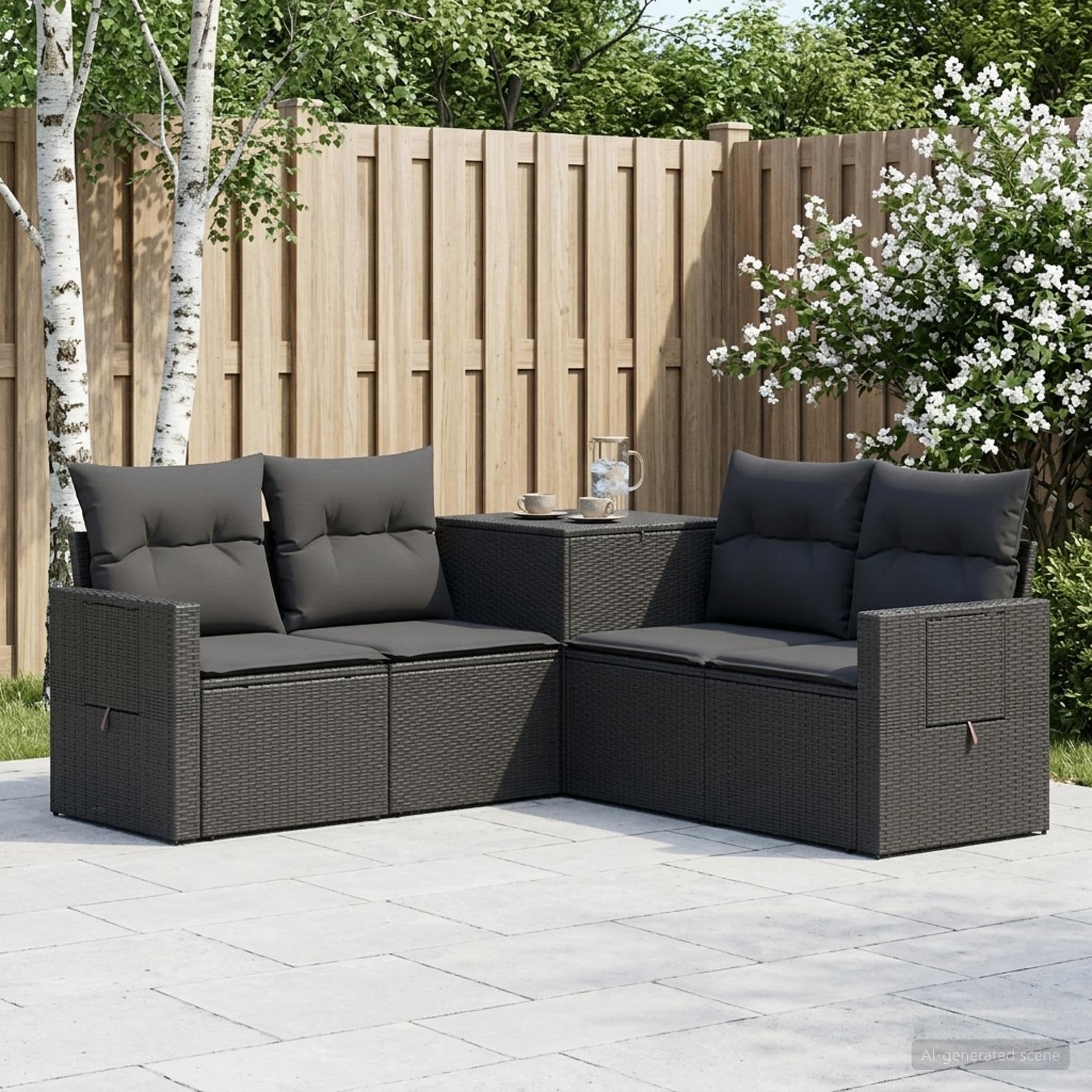 Sofa sæt 5 stk. i sort polyrattan og stål til have
