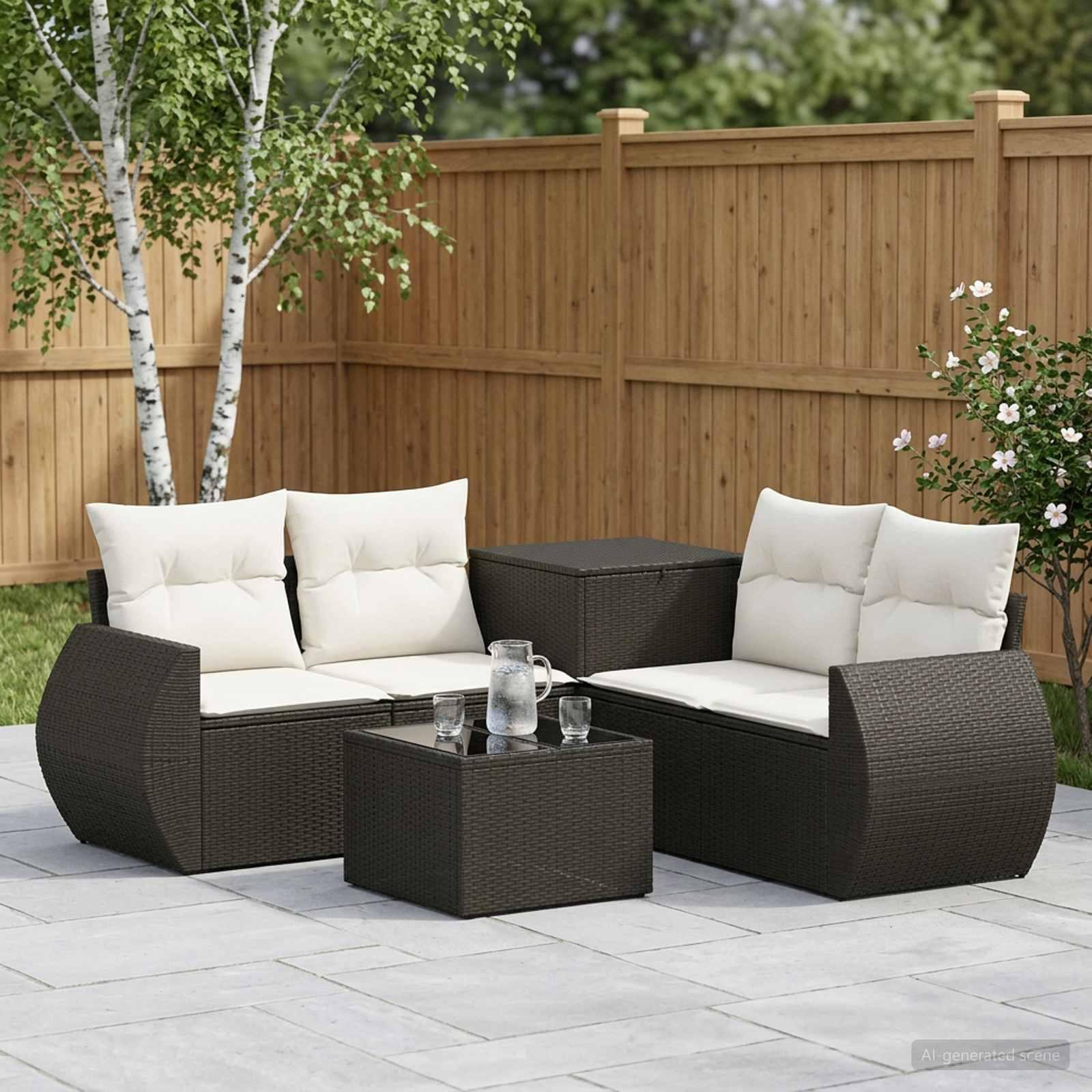 Sofa sæt 6 stk. sort og cremehvid poly rattan og stål