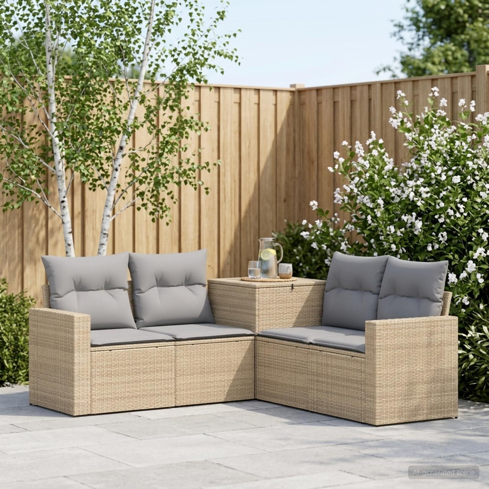 Havesofasæt 5 dele beige og lysegrå i poly rattan og stål