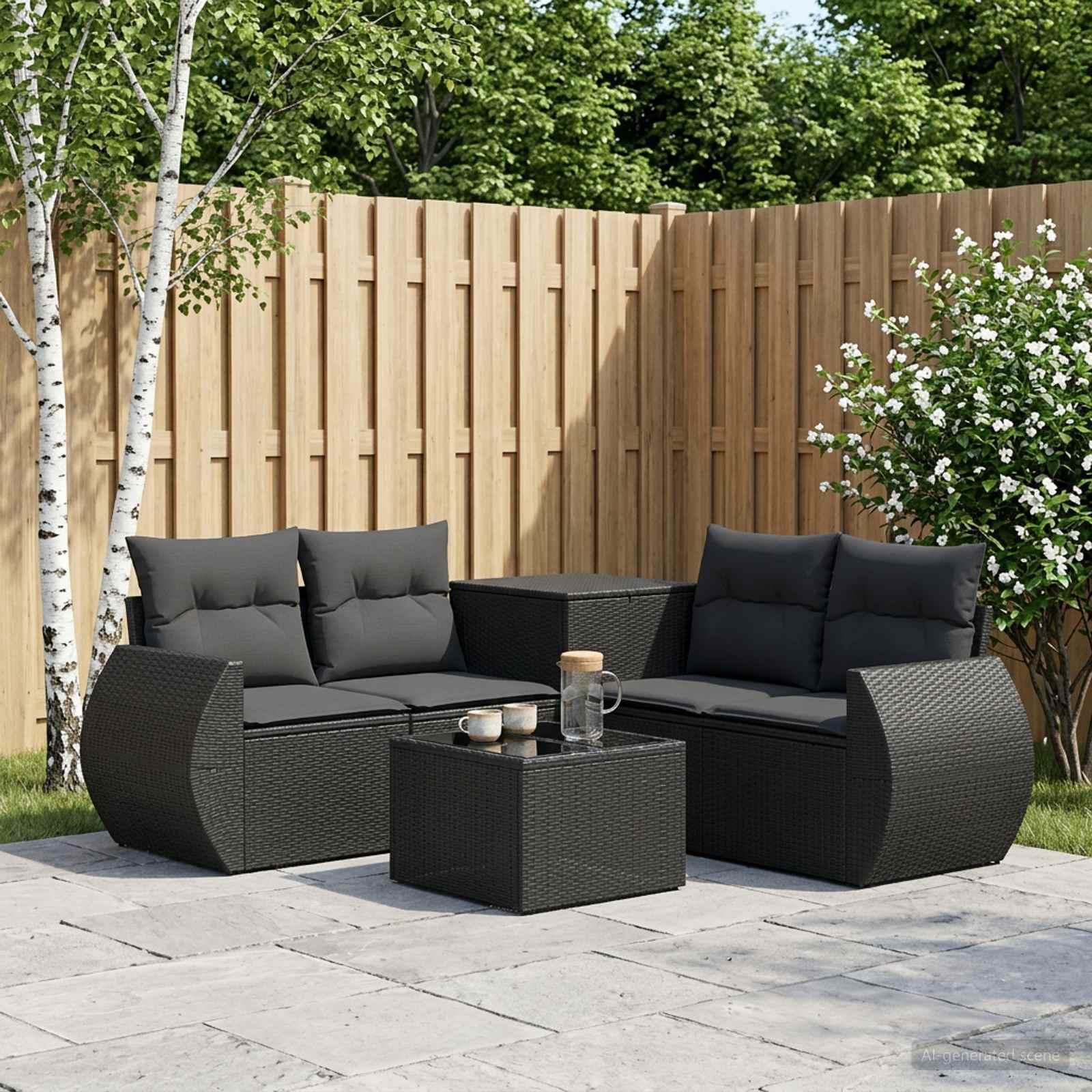 Sofa sæt 6 stk. i sort polyrattan og stål