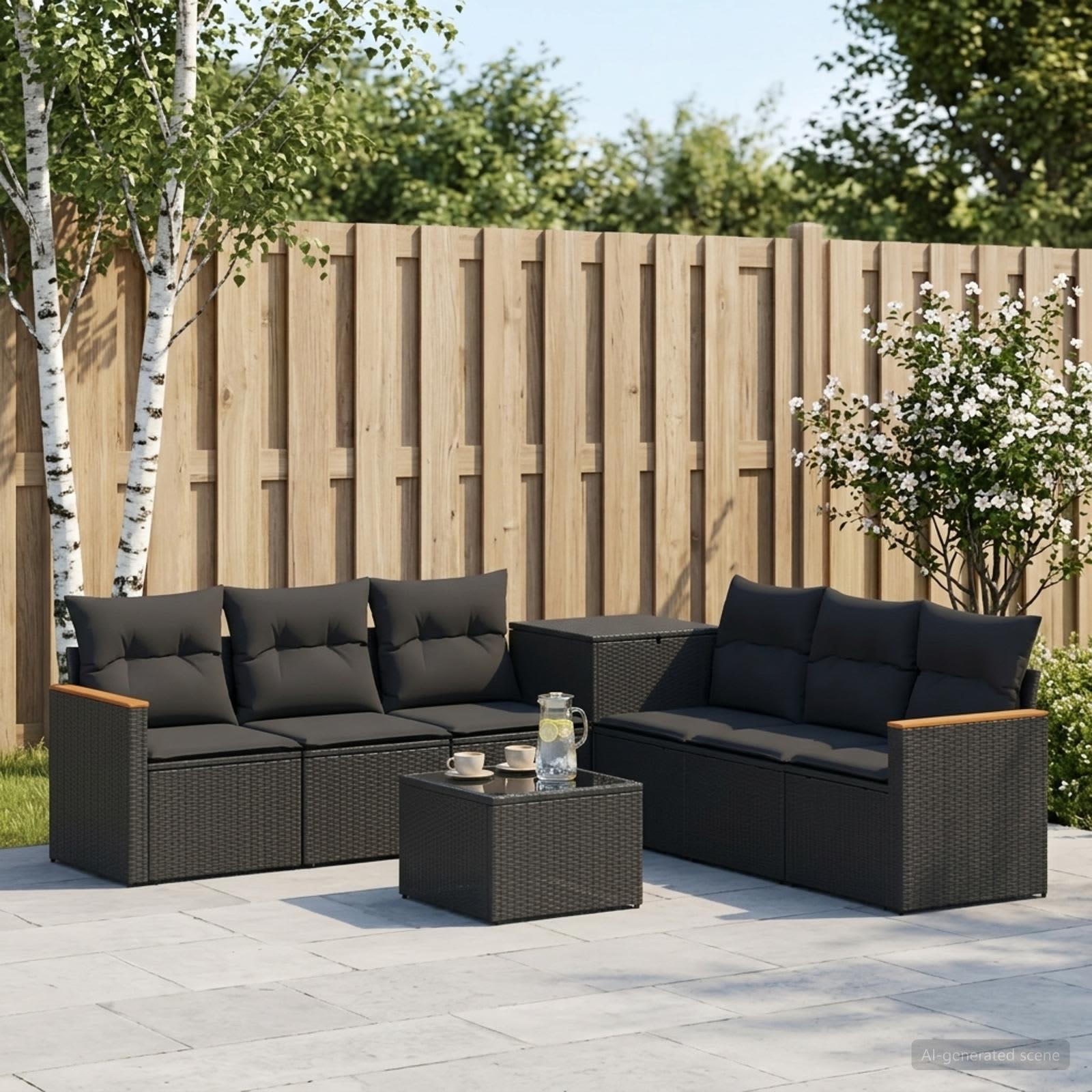 Sofa sæt 8 stk. i sort poly rattan og stål til have og terrasse