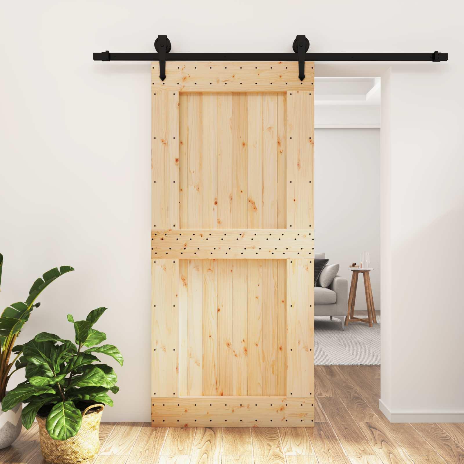 Skydedør i massivt fyrretræ med skydeskinne 95 x 210 cm - naturfarvet og sort