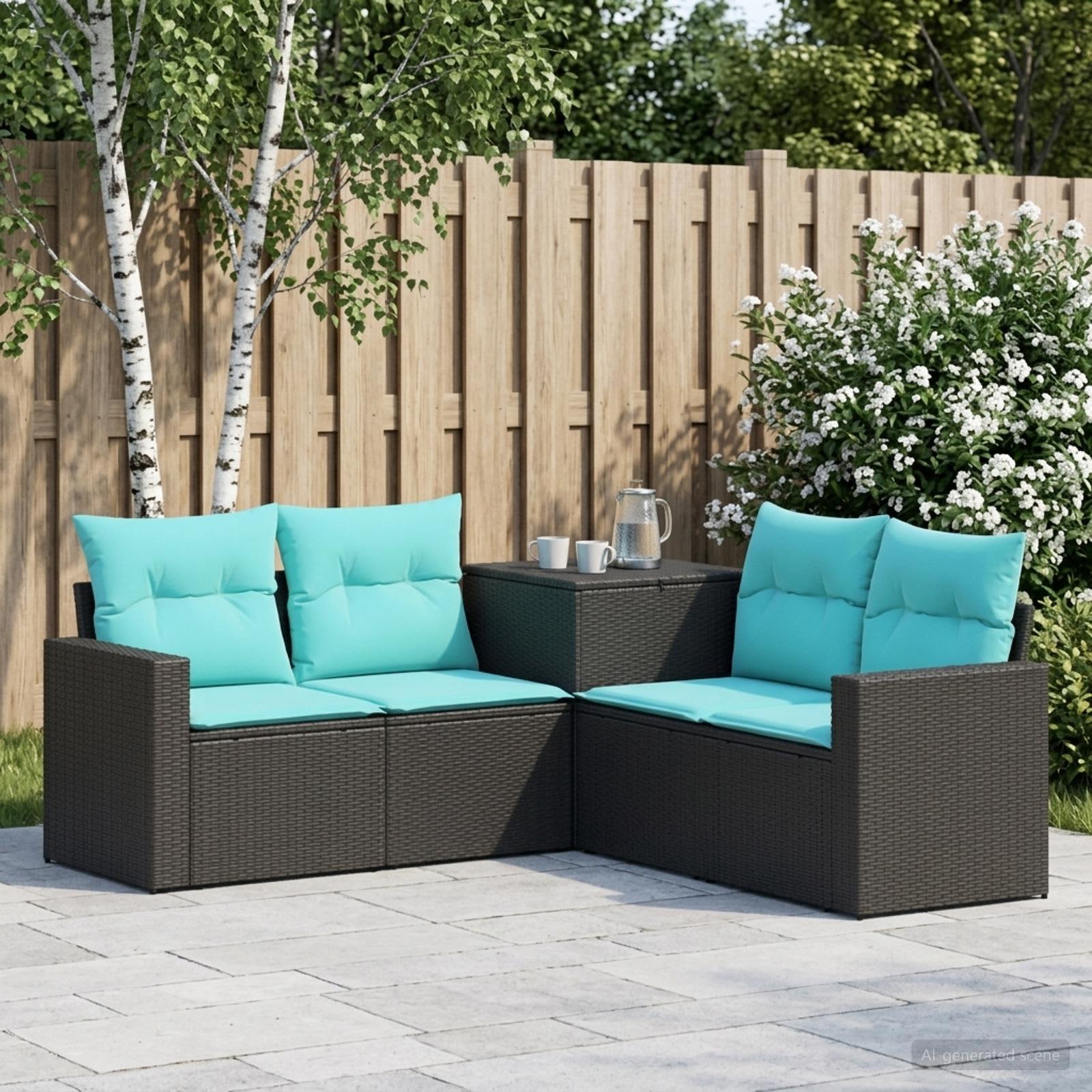 Sofa sæt 5 stk. sort og blå i poly rattan og stål