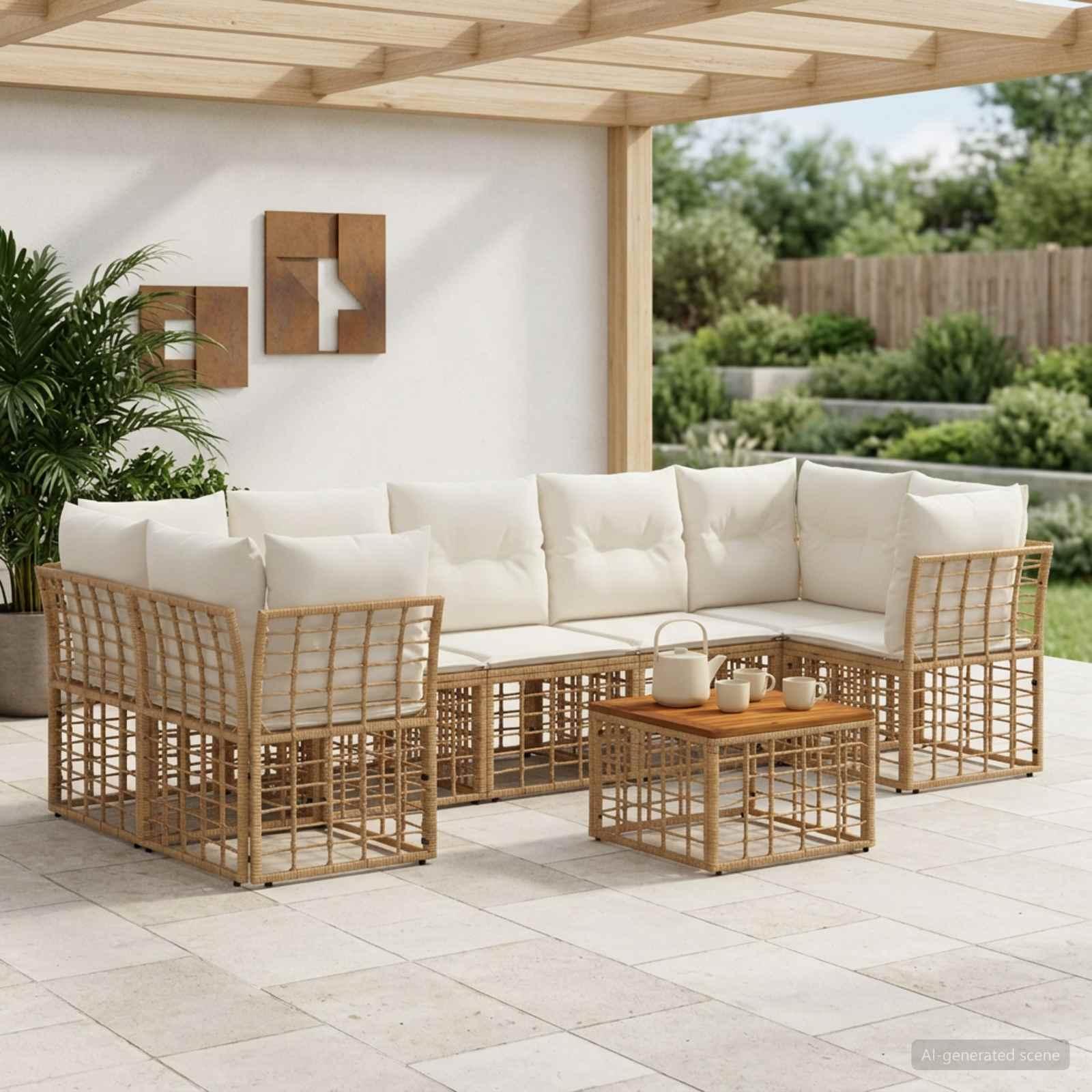 Udendørs sofagruppe 8 stk. i polyrattan med bord - naturlig og creme hvid