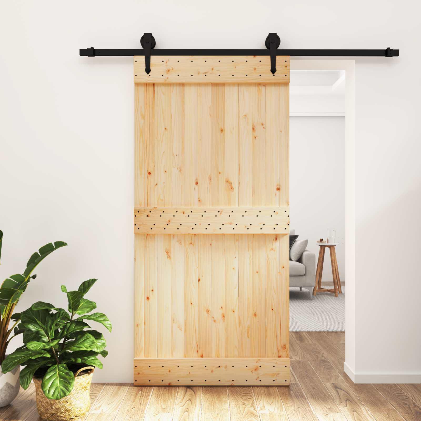 Skydedør naturfarvet og sort 100 x 210 cm i massivt fyrretræ