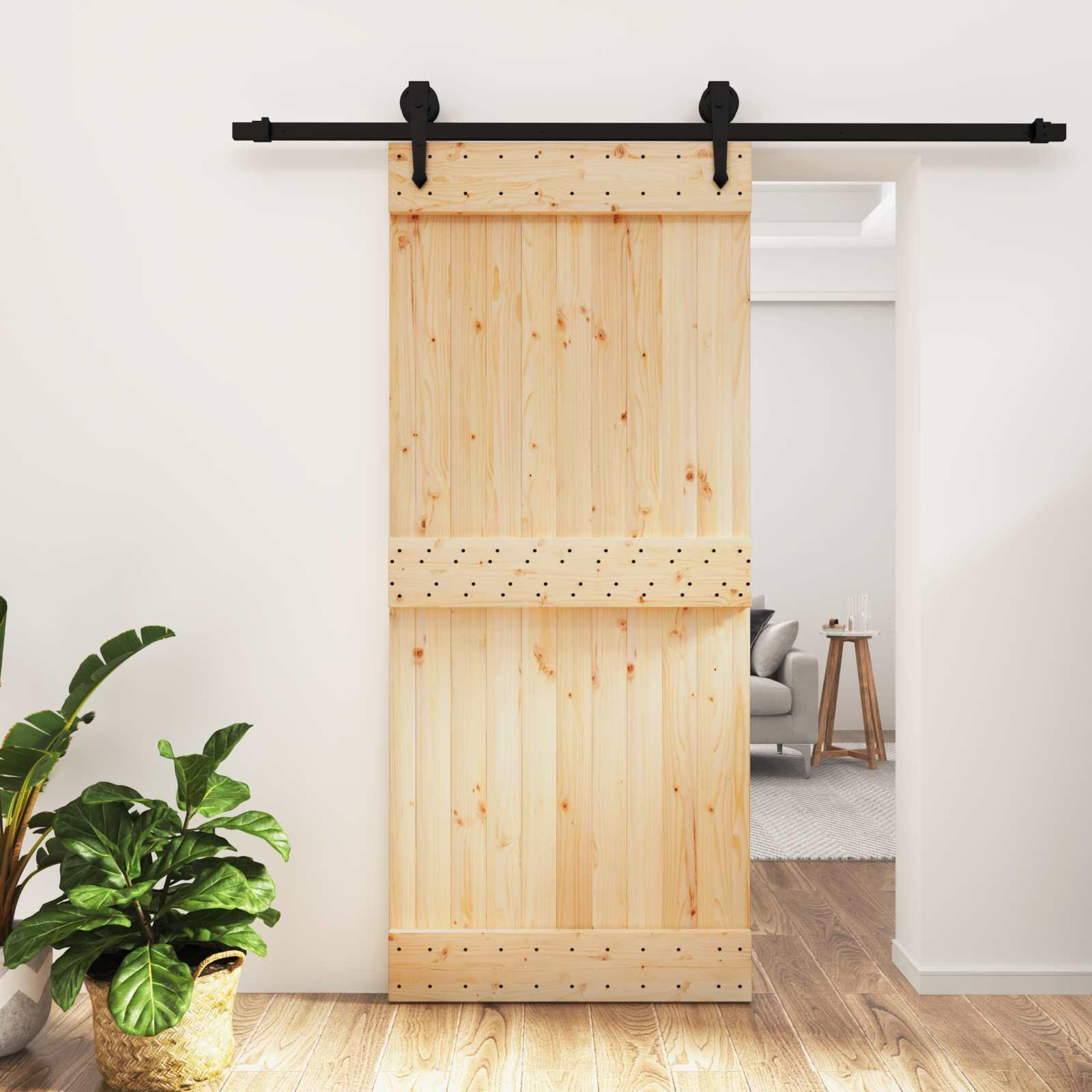 Skydedør naturfarvet og sort 90 x 210 cm i massivt fyrretræ