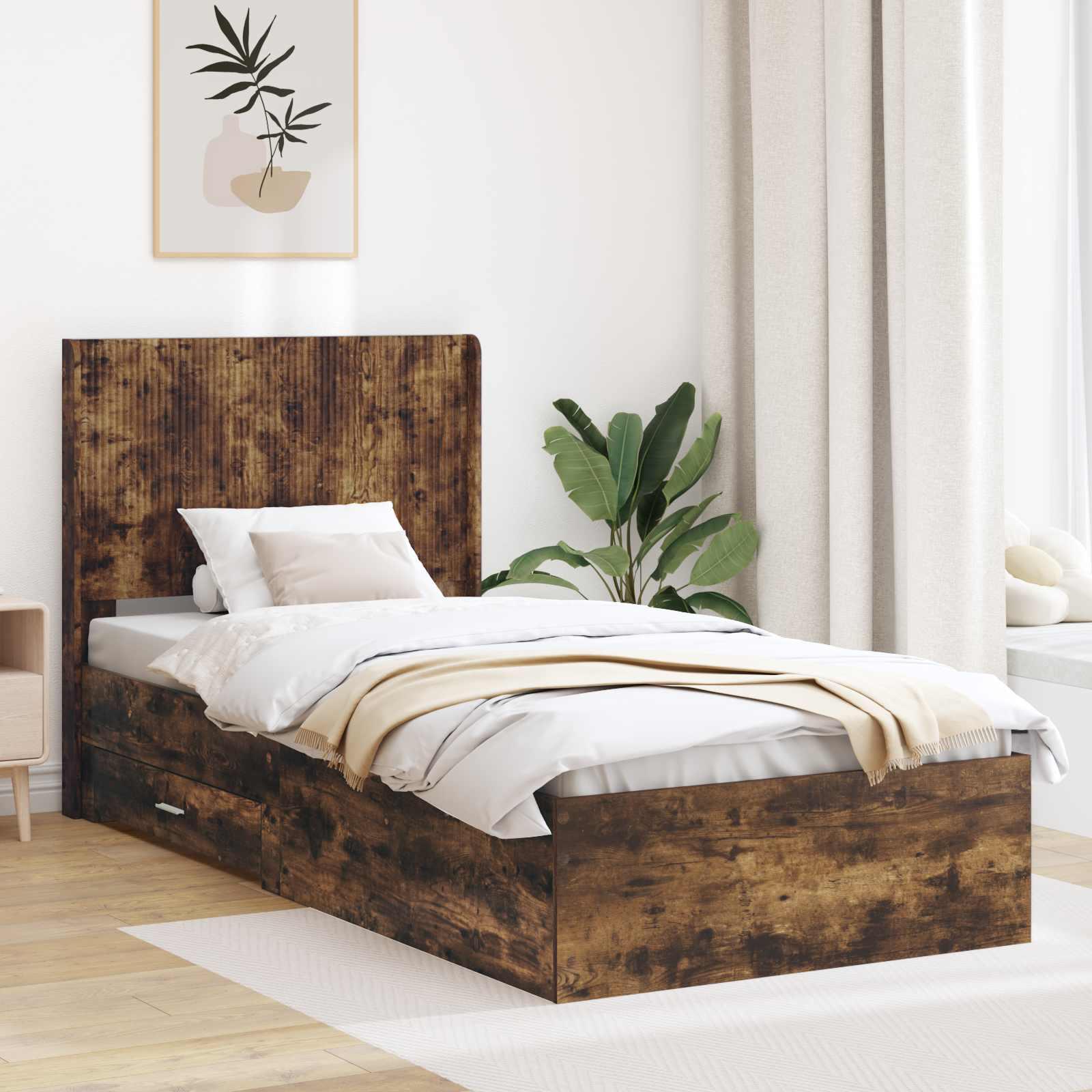 Sengestel med opbevaring og hovedgærde i røget eg 90 x 190 cm