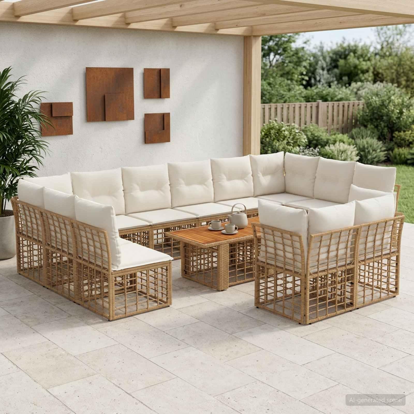 Havesofa sæt 13 stk. i polyrattan - naturlig og creme hvid