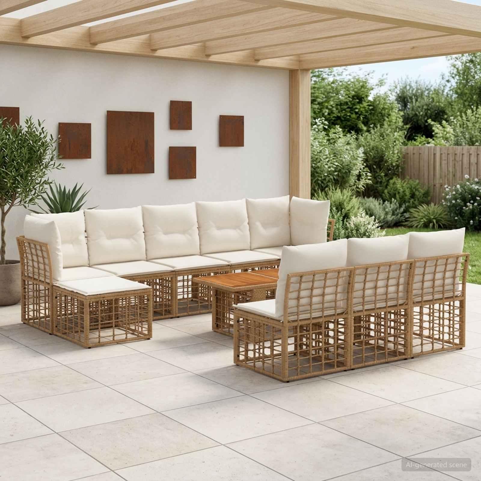 Havesofa sæt 11 stk. i polyrattan med akaciebord - naturlig og cremehvid