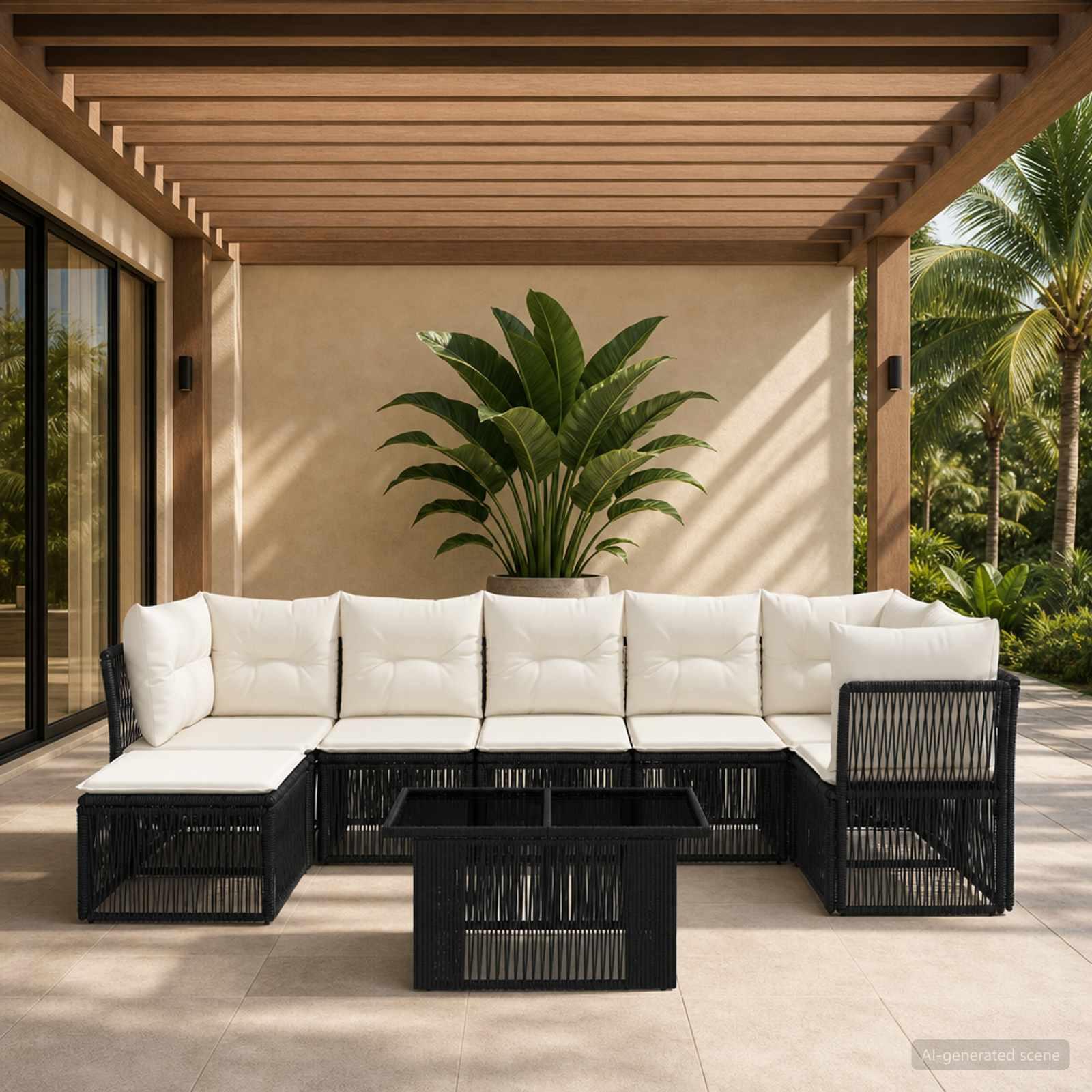 Havesofa sæt 8 stk. i sort polyrattan med bord