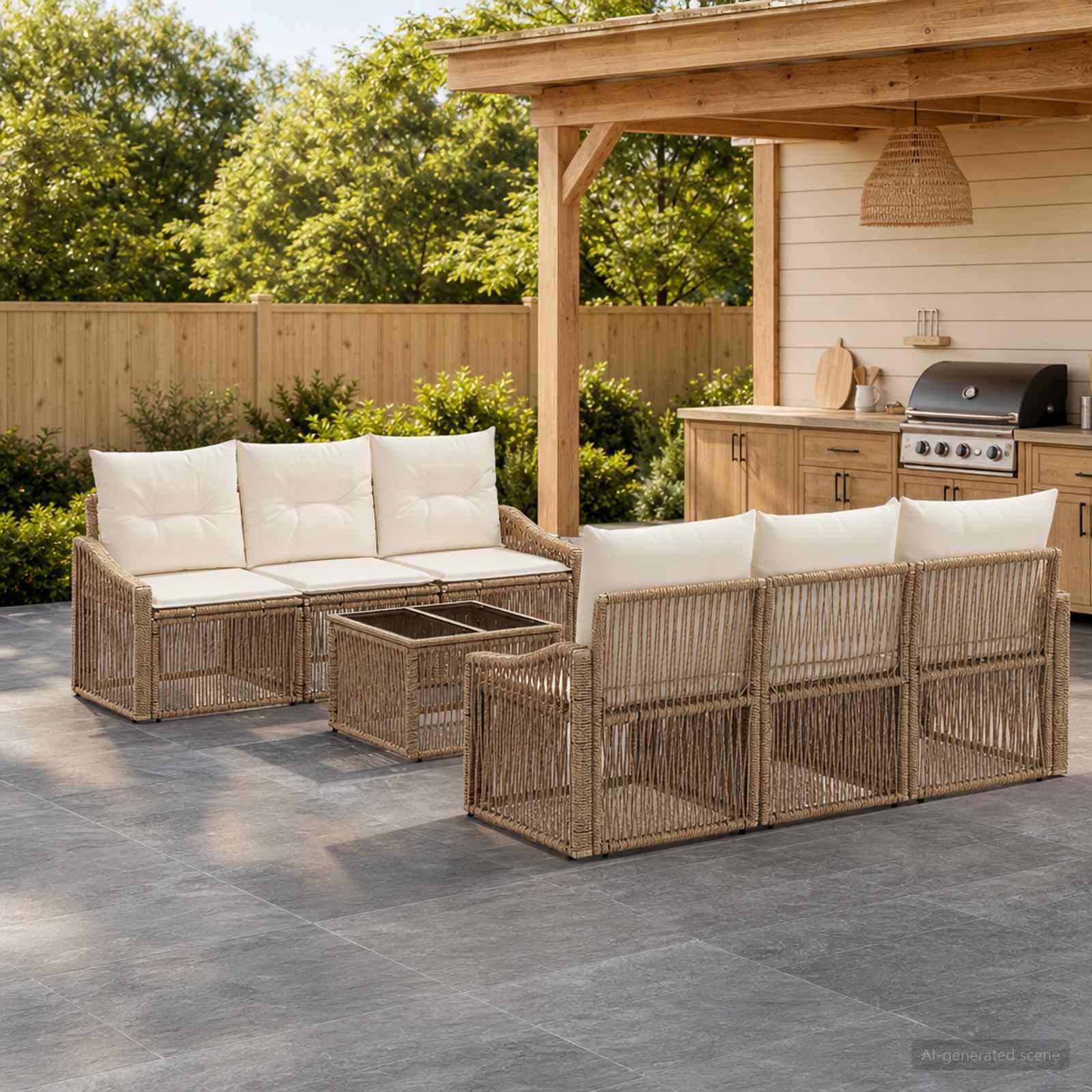 Havesofa sæt 7 dele i beige polyrattan
