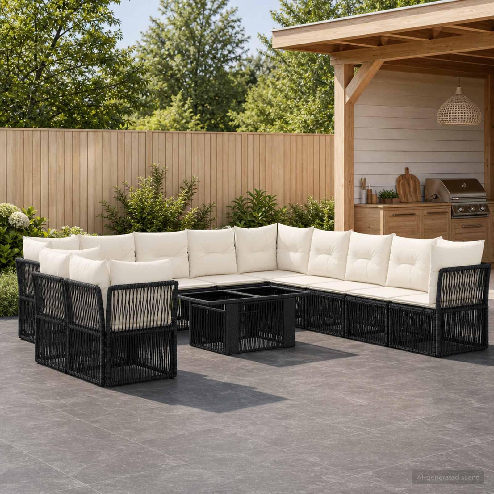 Havesofa sæt 12 stk. i sort polyrattan med bord